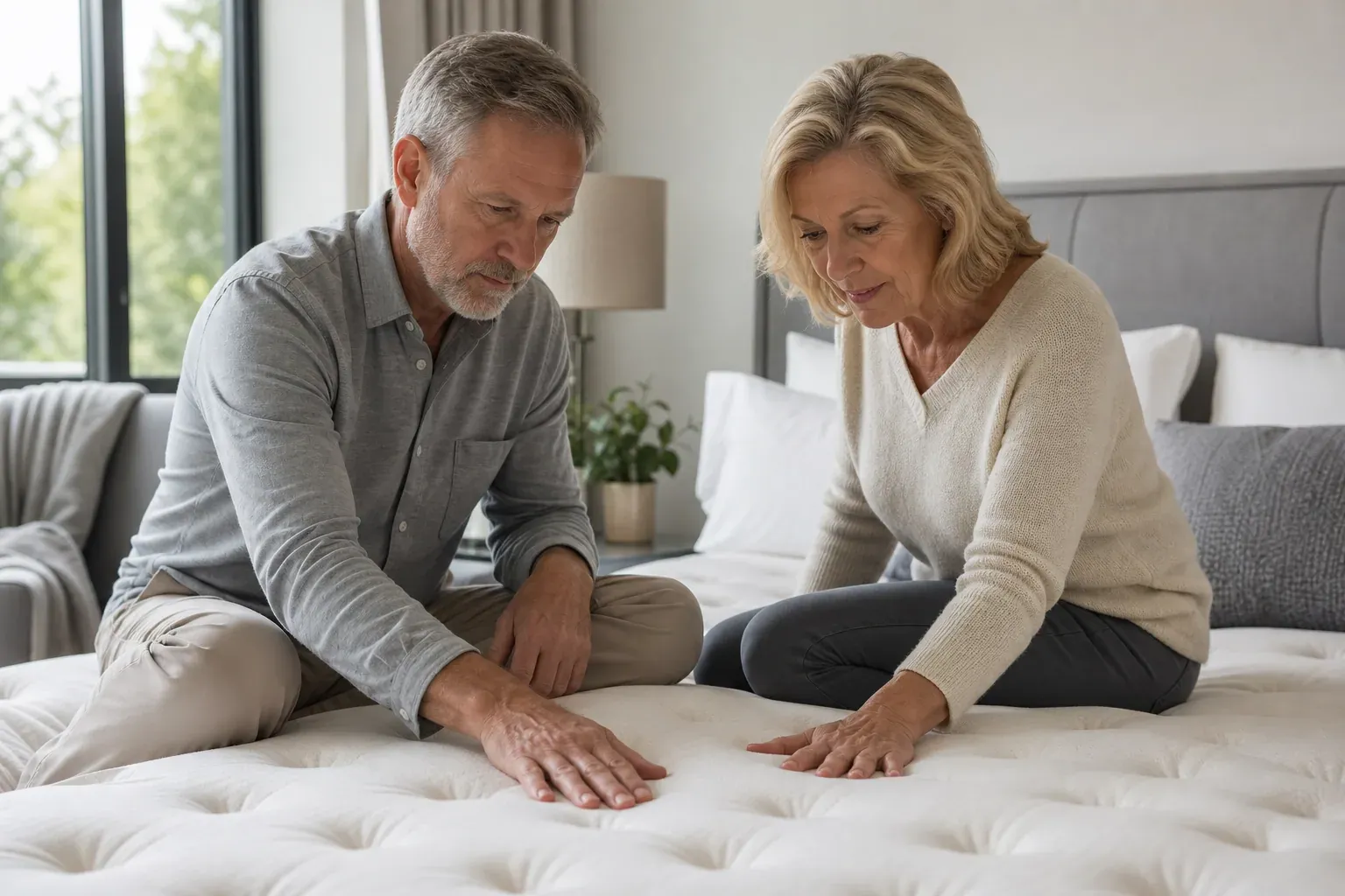 Un couple de seniors teste un matelas confortable dans une chambre lumineuse, avec une literie moderne et un lit adapté à leur mobilité.