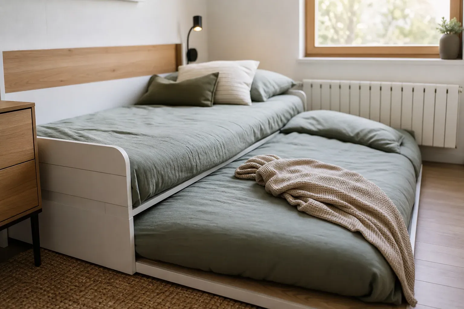 Lit gigogne ouvert dans une petite chambre moderne, avec deux matelas fins alignés pour former un double couchage confortable.