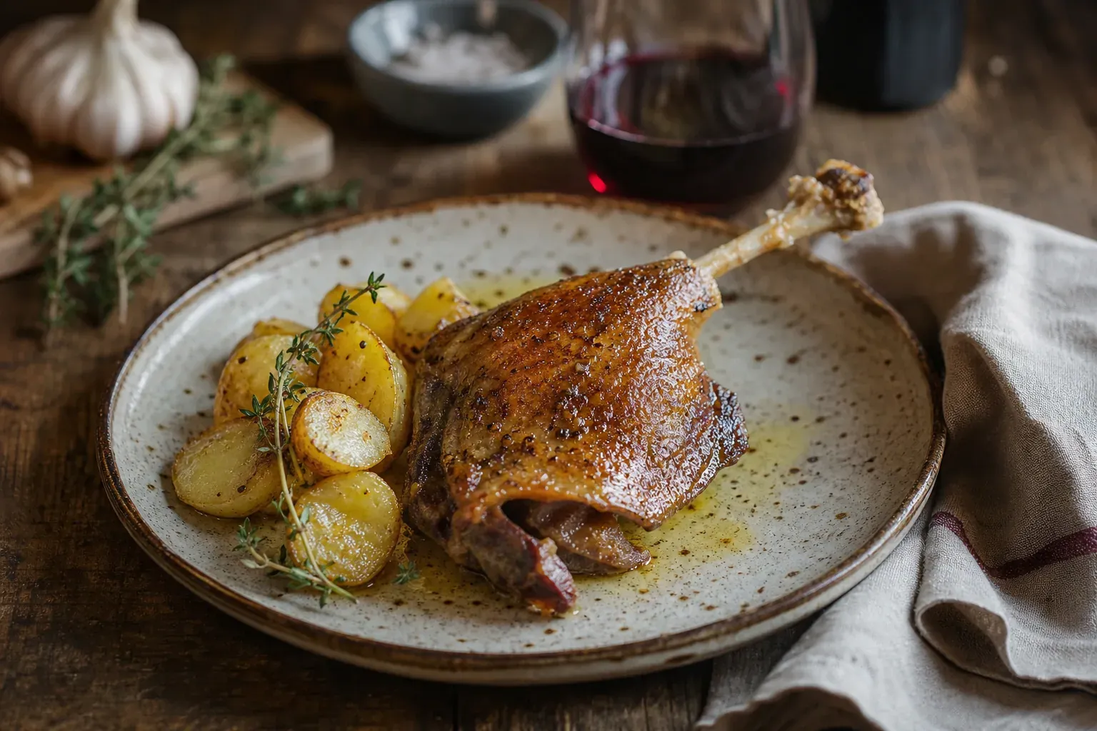 Une cuisse de confit de canard servie sur une assiette rustique avec pommes de terre dorées, dans une ambiance de cuisine française chaleureuse.