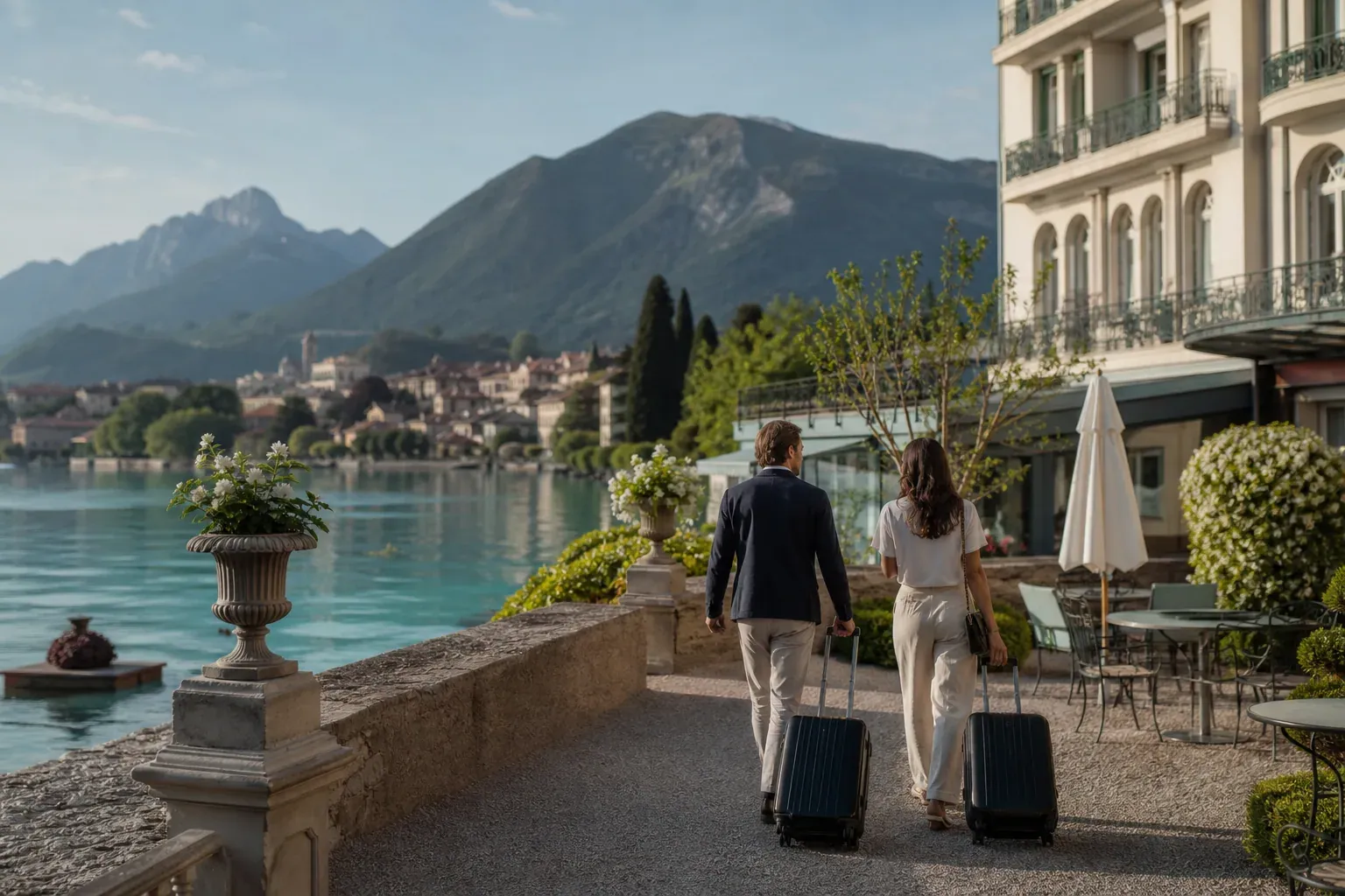 Vue réaliste d’un hôtel élégant au bord du lac d’Annecy avec les montagnes en arrière-plan et une ambiance de séjour haut de gamme.