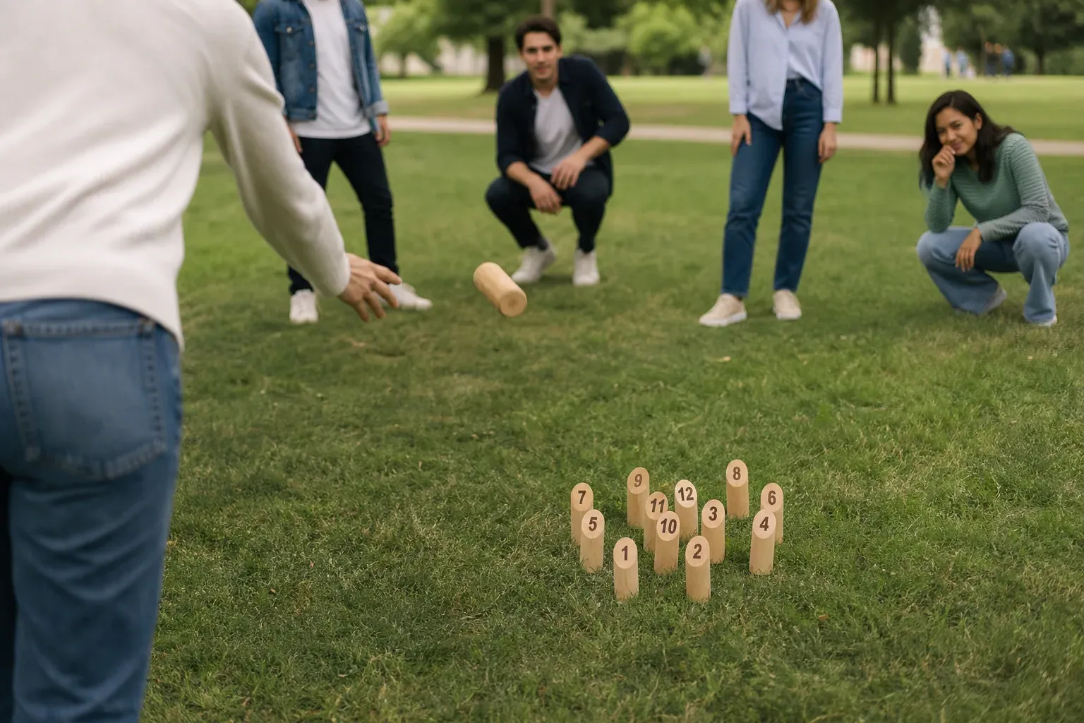 Des amis jouent au Mölkky dans un parc, avec les 12 quilles en bois installées sur l’herbe et un joueur en plein lancer.