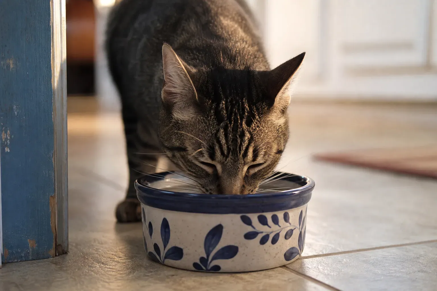Chat tigré penché sur un bol d'eau posé au sol dans une cuisine, en train de boire, lumière naturelle.