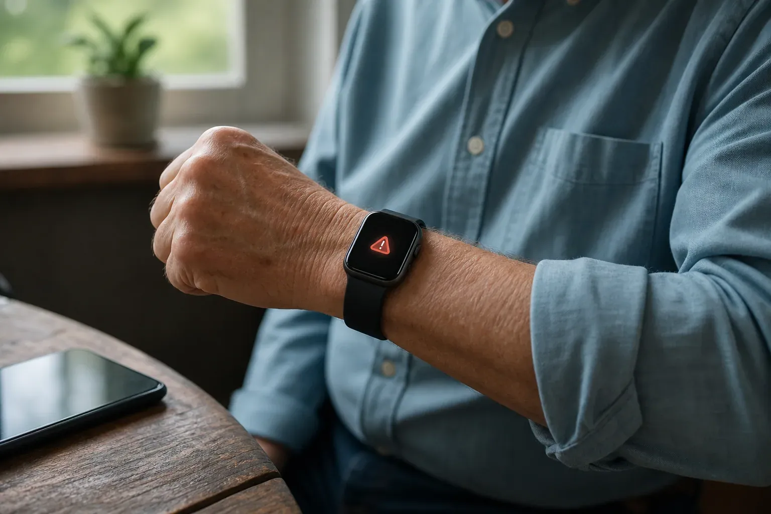 Gros plan réaliste d’un poignet portant une montre connectée, avec un smartphone posé à proximité dans un intérieur lumineux.