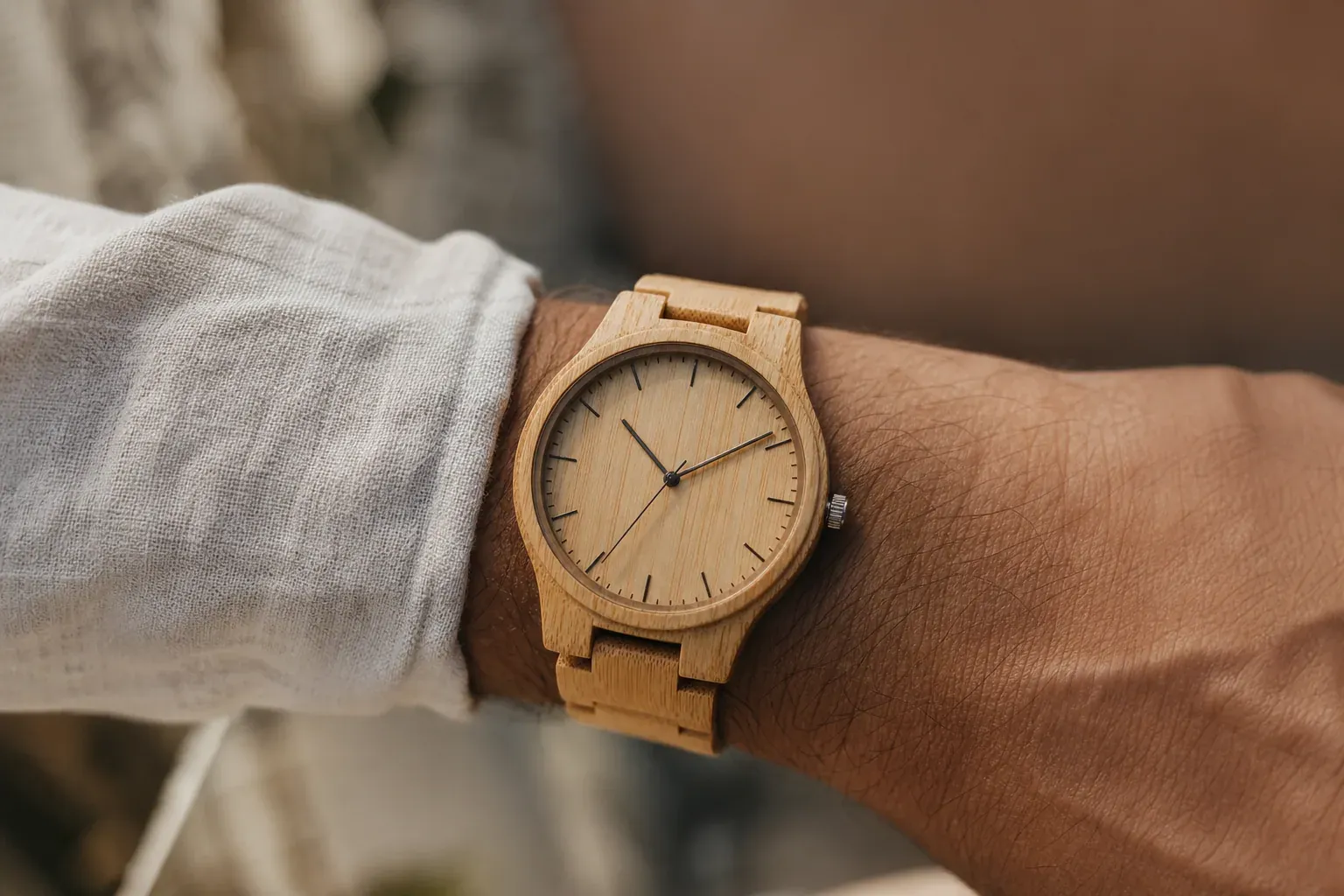Montre en bambou portée au poignet, gros plan sur le grain du bois, lumière naturelle douce et ambiance éditoriale sobre.