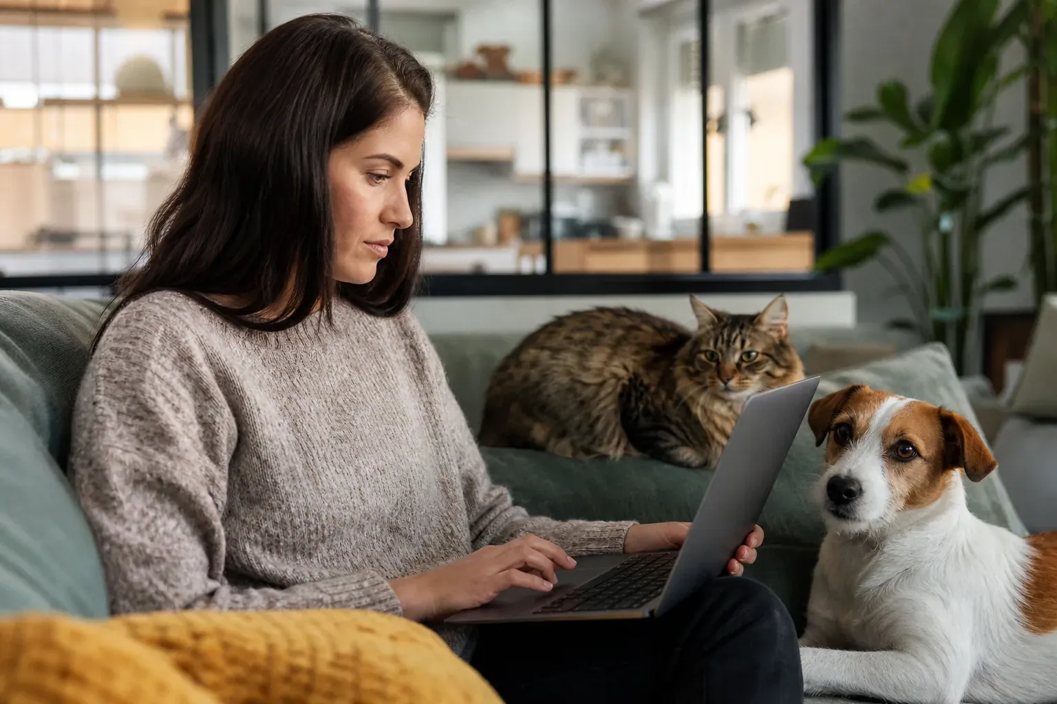 Une personne à la maison compare des offres de mutuelle pour son chien sur un ordinateur, avec un chat et un chien à proximité.