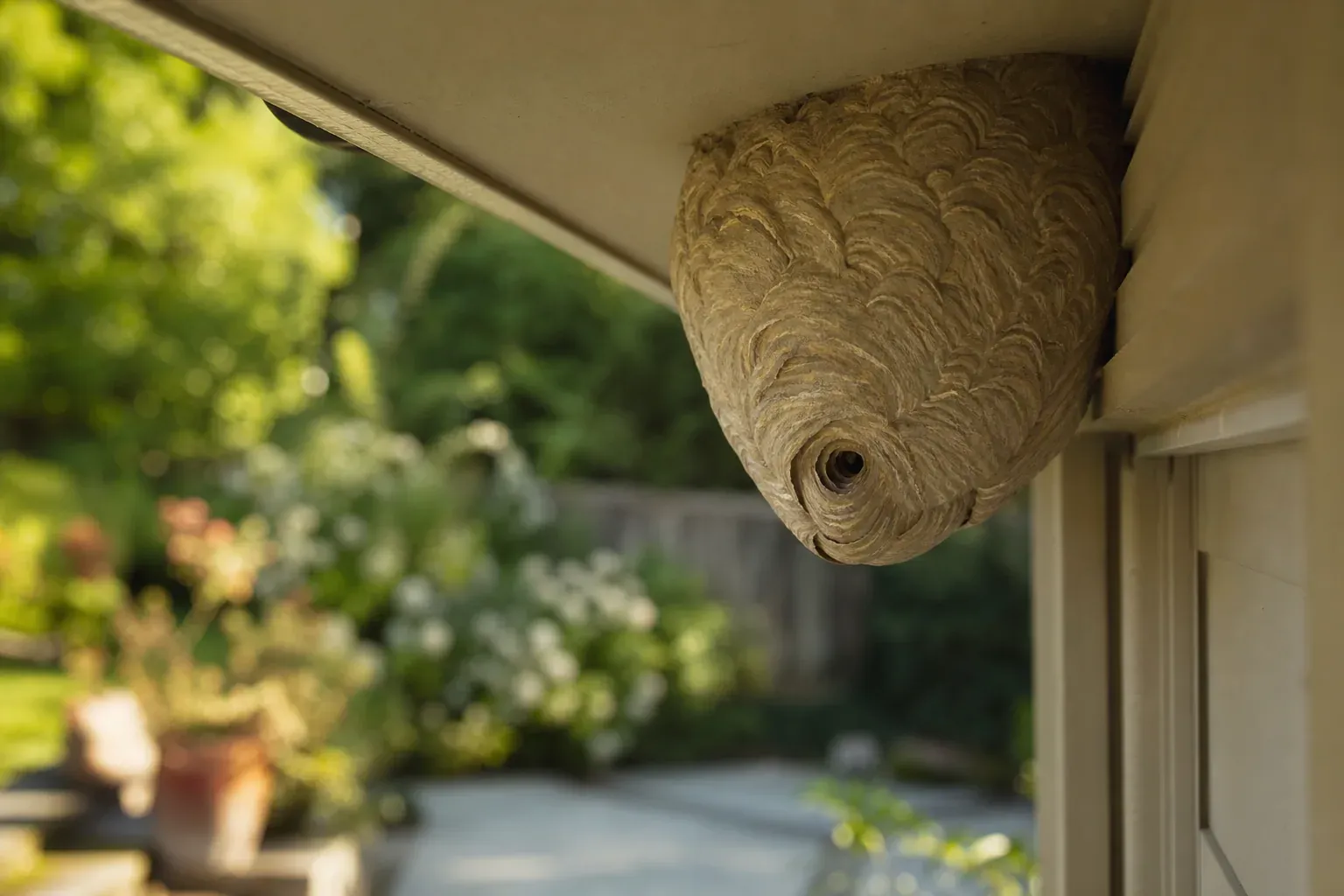 Nid de guêpes suspendu sous l'avancée du toit d'une maison, jardin en arrière-plan, lumière naturelle d'après-midi.