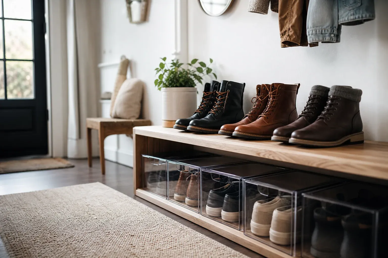 Des bottes de différentes hauteurs rangées proprement sur une étagère de maison, avec des boîtes de rangement transparentes à côté.