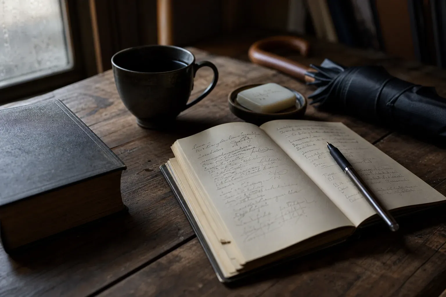 Photo réaliste d’un bureau avec des objets du quotidien, un carnet et un dictionnaire ouverts, lumière naturelle, ambiance éditoriale.