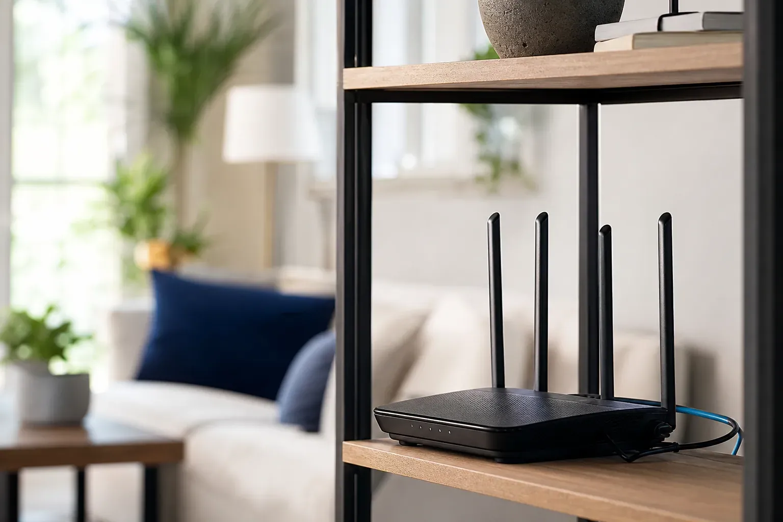 Une box internet posée en hauteur sur une étagère dégagée dans un salon lumineux, câbles ordonnés, loin des murs.
