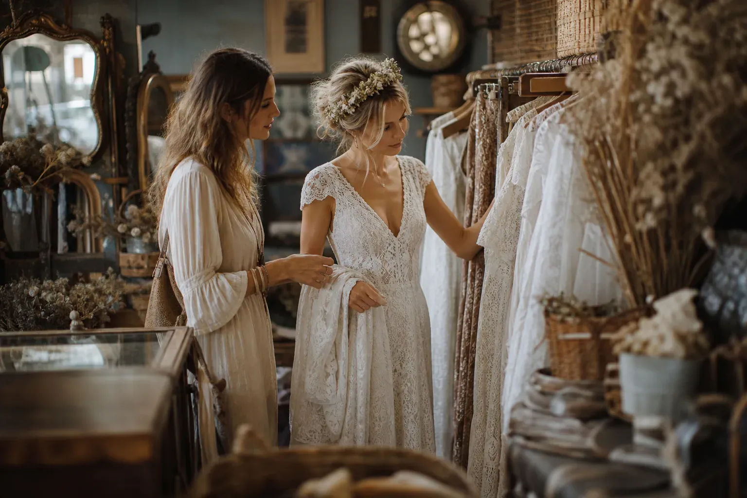 Une future mariée et une conseillère dans une boutique vintage, entourées de robes en dentelle, de fleurs séchées et d’objets de décoration bohème.