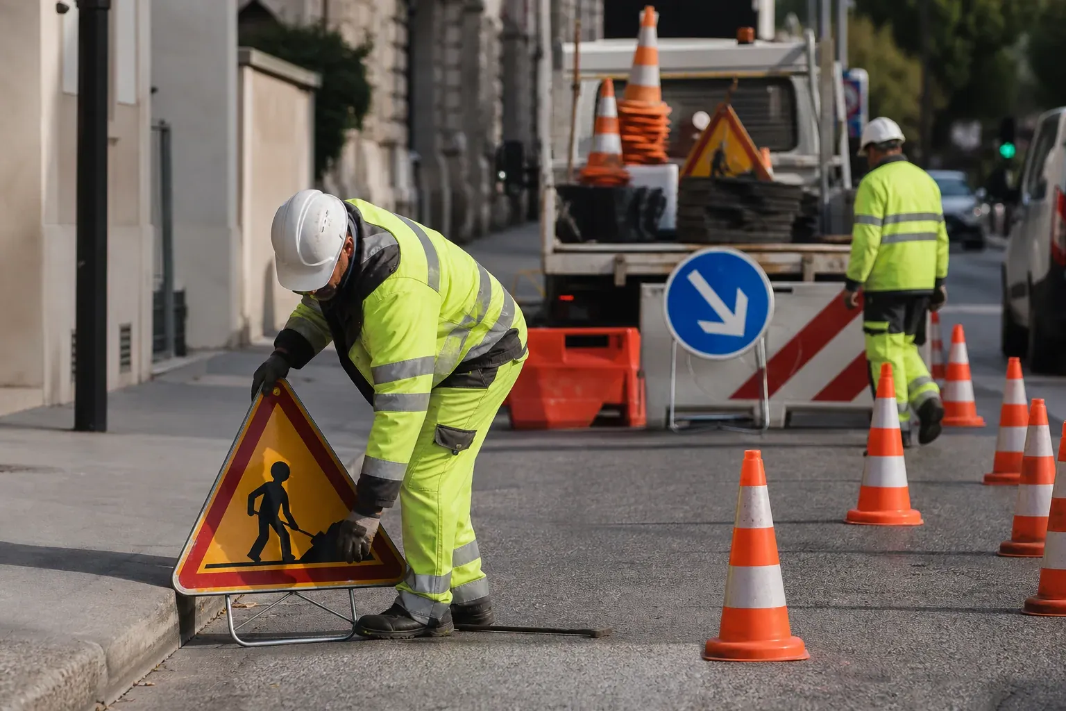 Photo réaliste d’un chantier routier avec panneaux temporaires, cônes de signalisation et ouvriers équipés installant la circulation autour de la zone de travaux.