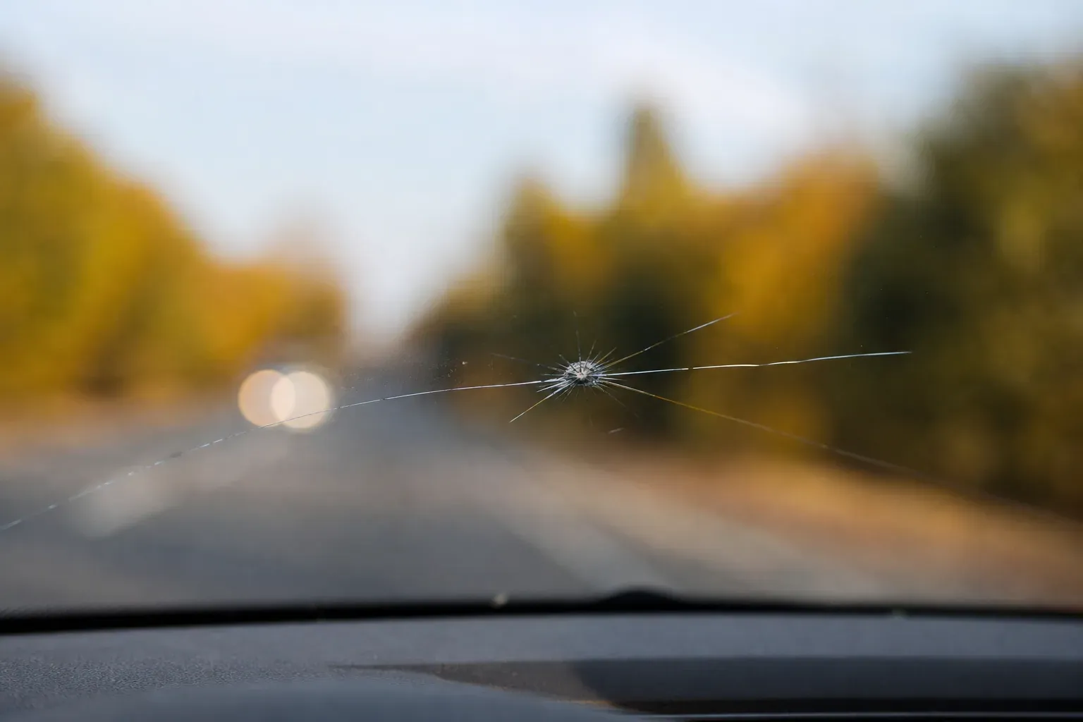 Gros plan d'un pare-brise vu de l'intérieur de la voiture, avec un impact en étoile d'où part une fissure, route floue en arrière-plan.