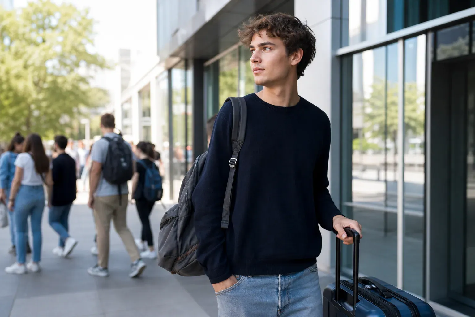 Jeune adulte avec une valise devant une école de langue américaine dans une grande ville des États-Unis.