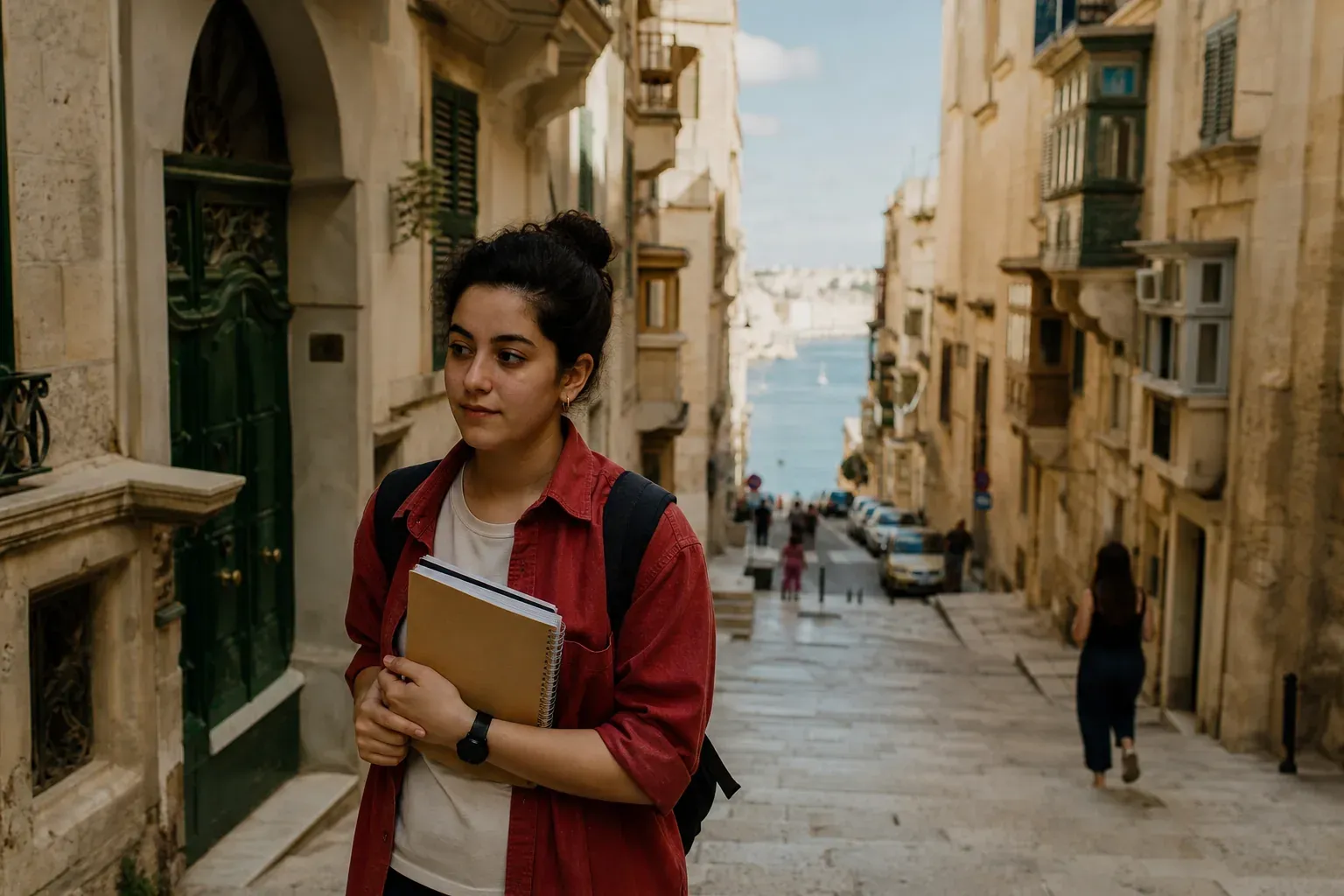 Jeune étudiant avec un carnet et un sac à dos marchant dans une rue ensoleillée de La Valette, à Malte, dans une ambiance de séjour linguistique.