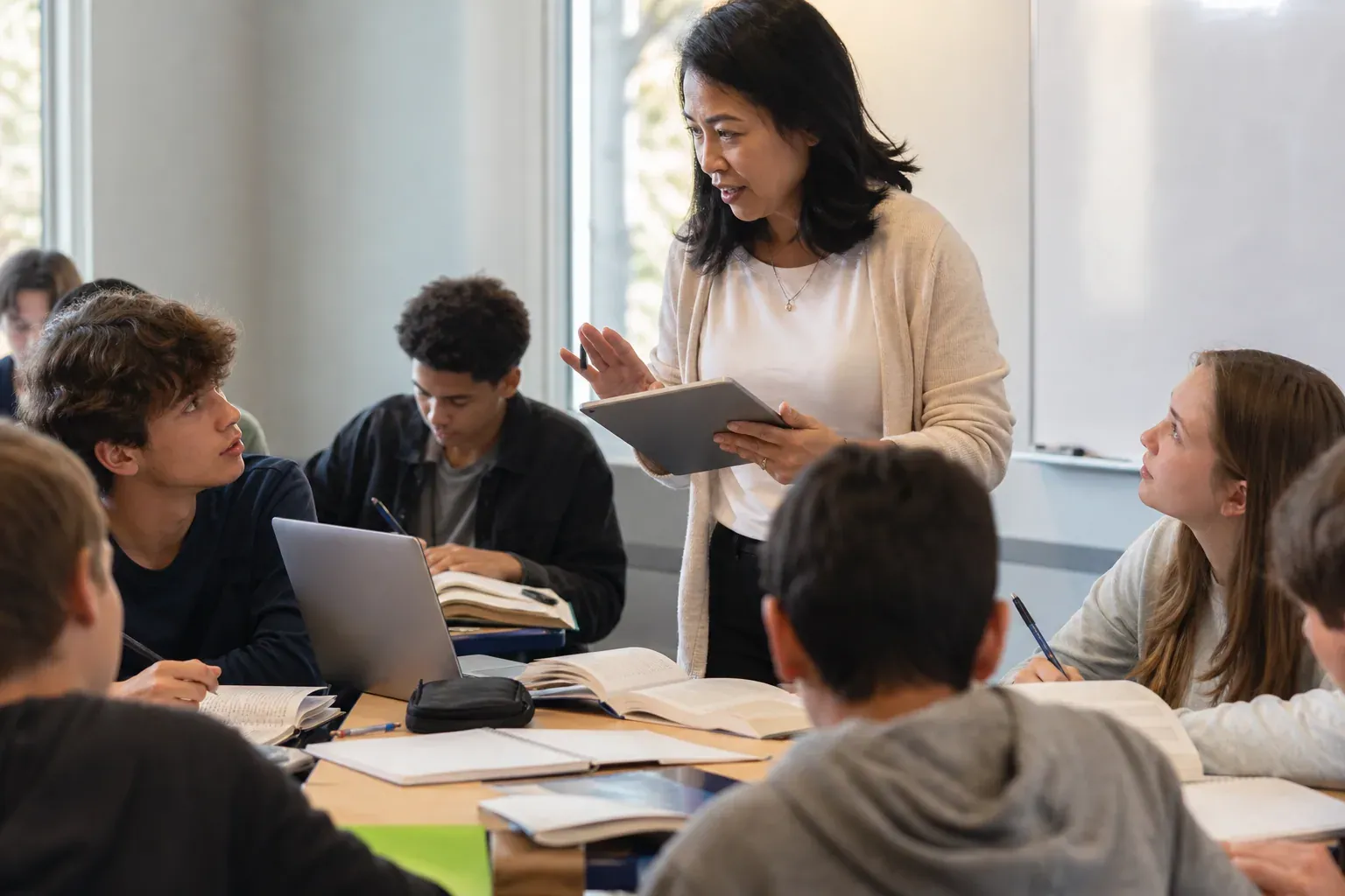 Une enseignante en classe moderne utilise une tablette avec ses élèves, entourée de cahiers, de livres et d’un tableau blanc.