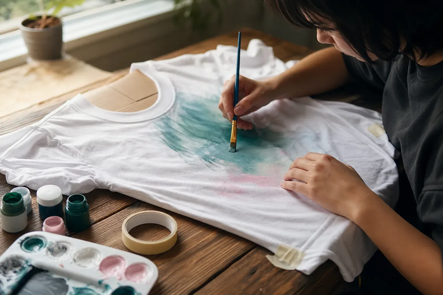 Personne peignant un t-shirt en coton blanc avec des pinceaux, du carton glissé à l’intérieur et du matériel créatif sur la table.