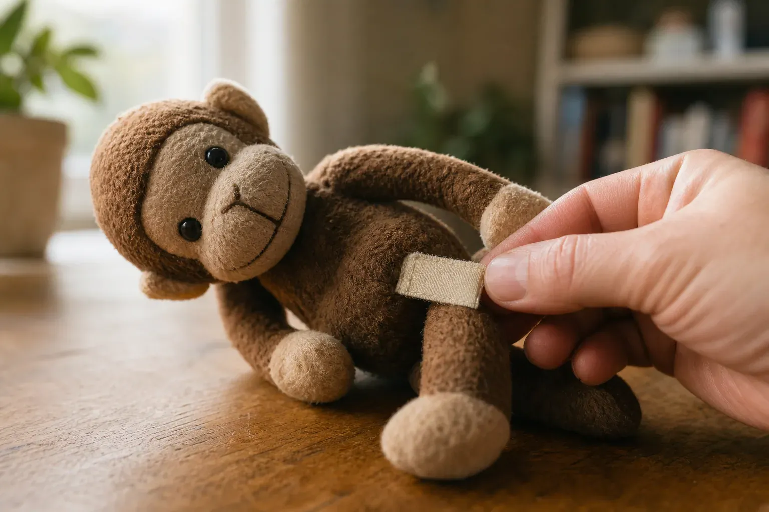 Une peluche Kiki posée sur une table, avec une main qui examine son étiquette pour vérifier son authenticité.