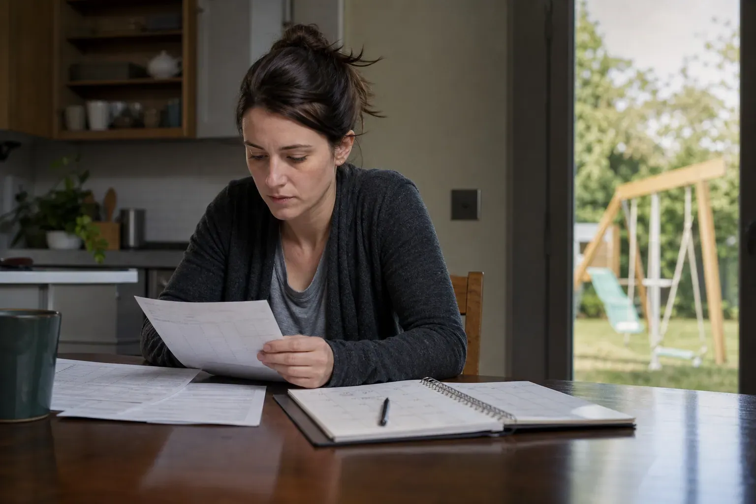 Parent consultant des documents financiers et un calendrier de garde d'enfant à une table, ambiance calme, lumière naturelle.