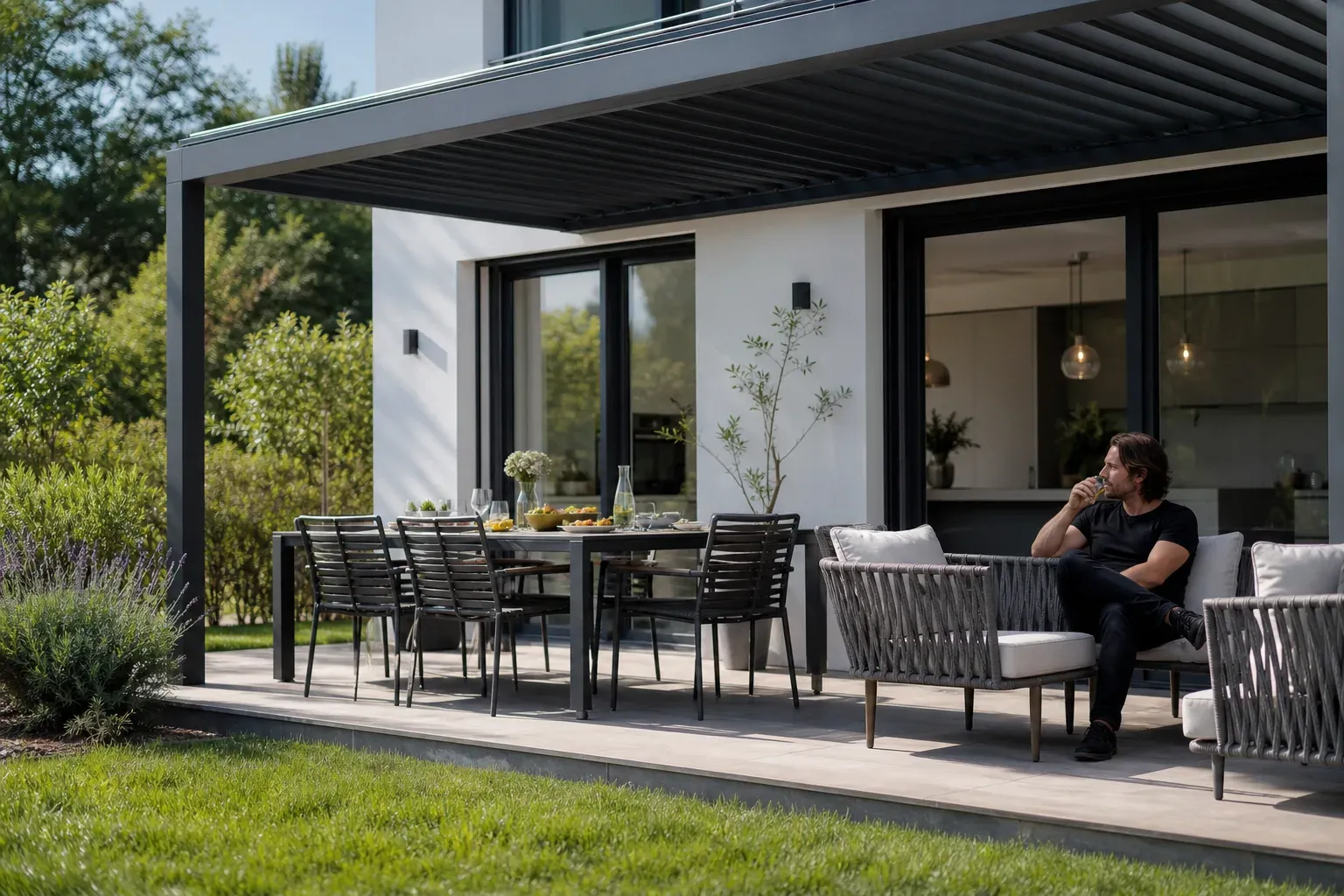 Terrasse moderne avec pergola en aluminium adossée à une maison, table dressée, fauteuils d’extérieur et lumière naturelle, scène réaliste de jardin.