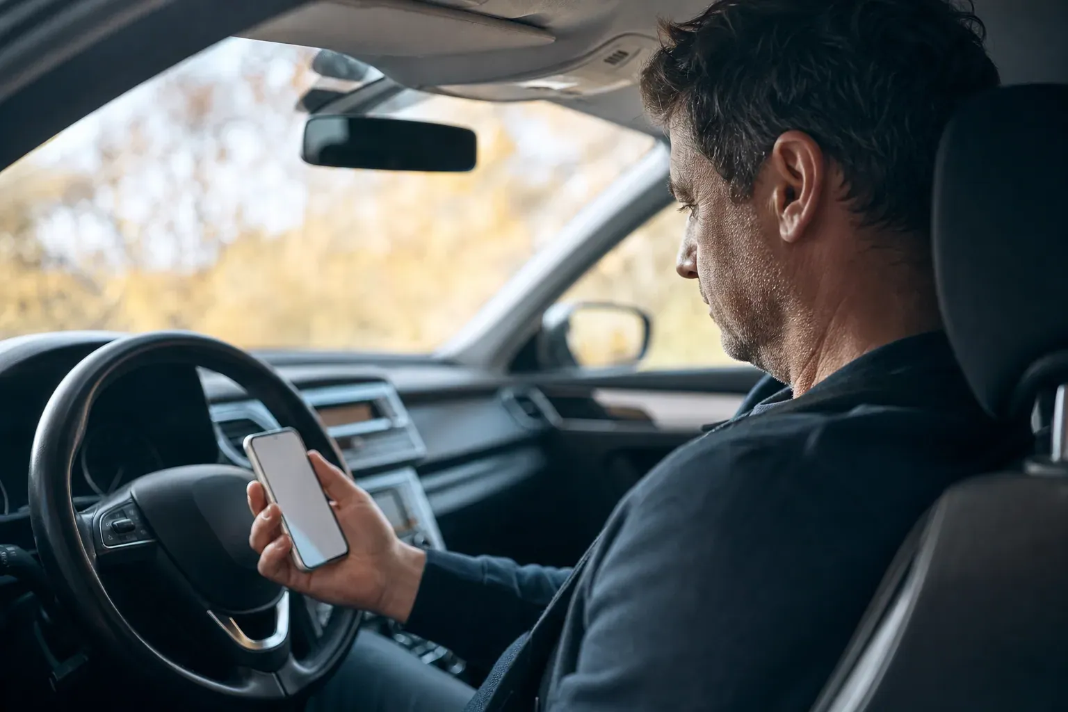 Conducteur consultant son solde de points de permis de conduire sur son smartphone, voiture visible en arrière-plan, lumière naturelle.