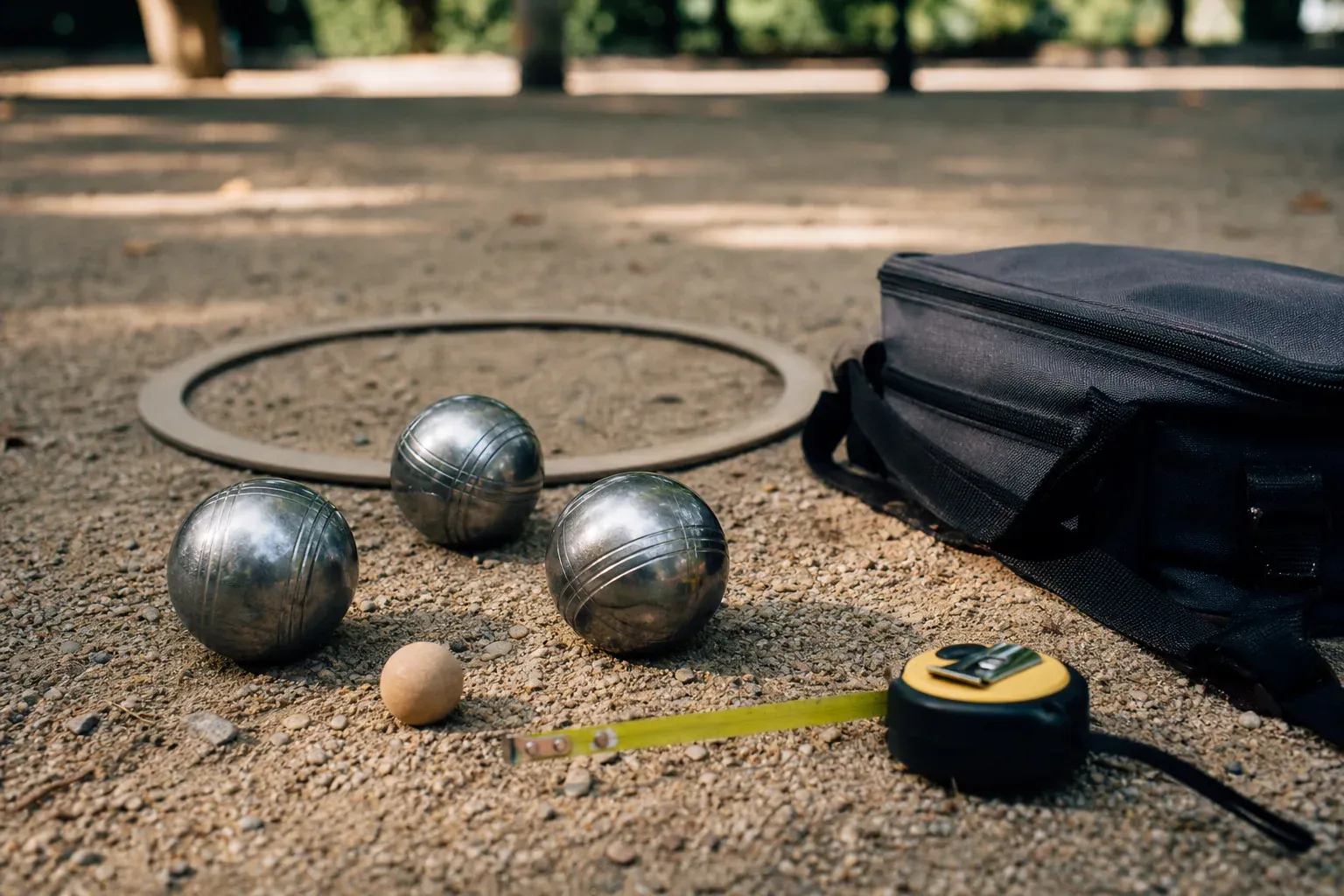 Matériel de pétanque pour débutant posé sur un terrain gravillonné : boules, cochonnet, cercle pliant, mètre et sac.