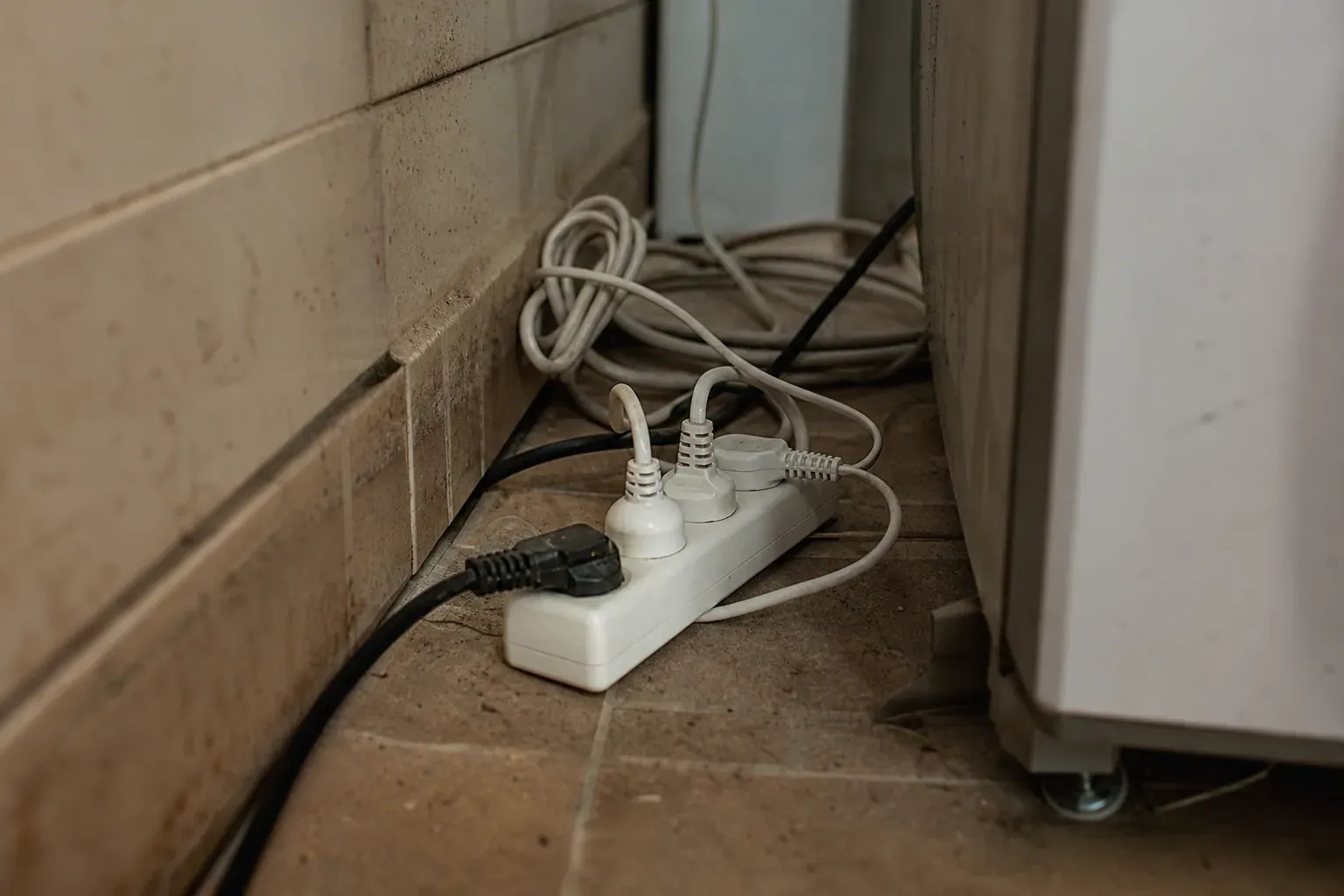 Multiprise blanche posée au sol derrière un réfrigérateur, avec plusieurs fiches branchées et un câble d'alimentation.