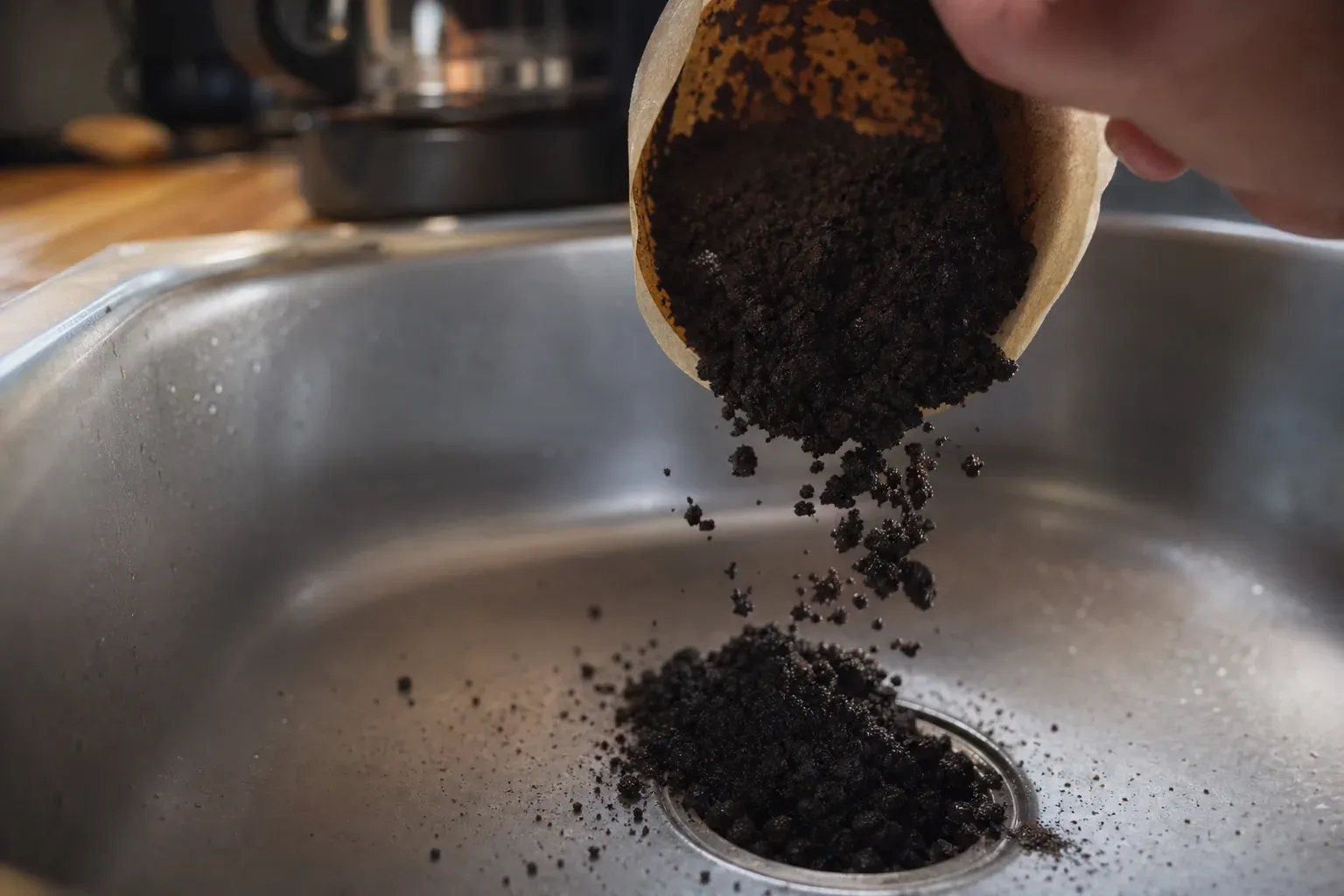 Un marc de café humide versé depuis un filtre au-dessus d'un évier de cuisine en inox, avec une cafetière à proximité.