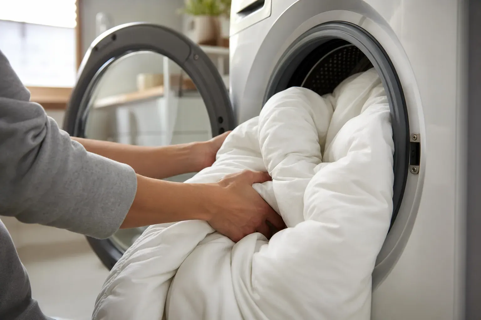 Couette blanche en train d'être chargée dans le tambour d'un lave-linge, dans une buanderie lumineuse.