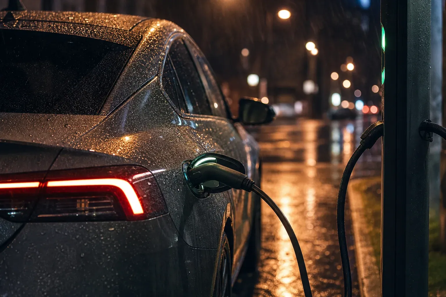 Une voiture électrique grise en charge sous la pluie dans une rue le soir, câble branché sur une borne, gouttes visibles à la lumière des lampadaires.