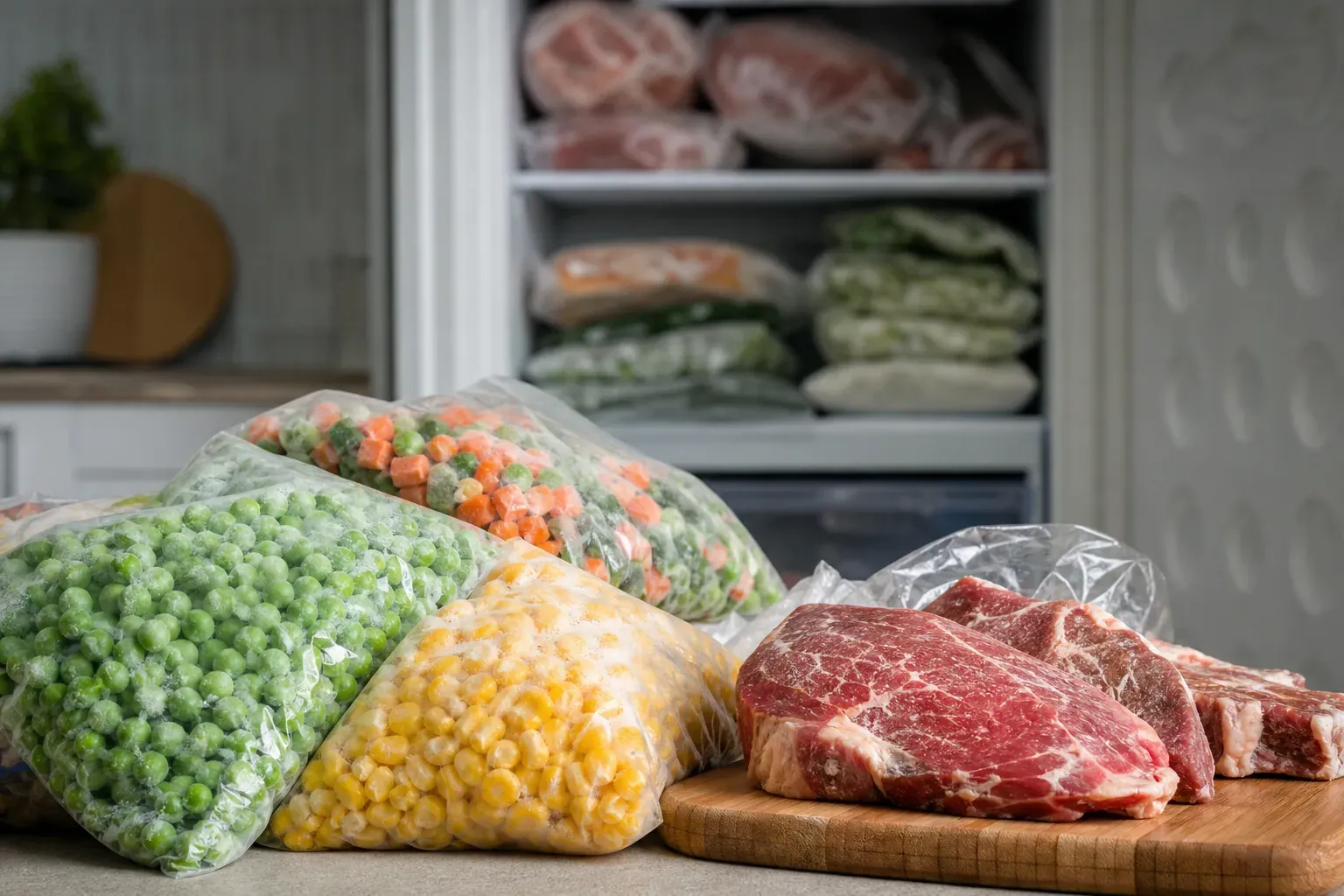 Des morceaux de viande et des légumes surgelés posés sur un plan de travail de cuisine à côté d'un congélateur ouvert, lumière naturelle.