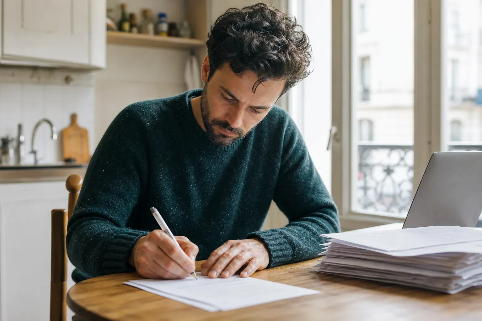Personne assise à une table, en train de signer un courrier de résiliation d'assurance habitation, ordinateur portable ouvert à côté.
