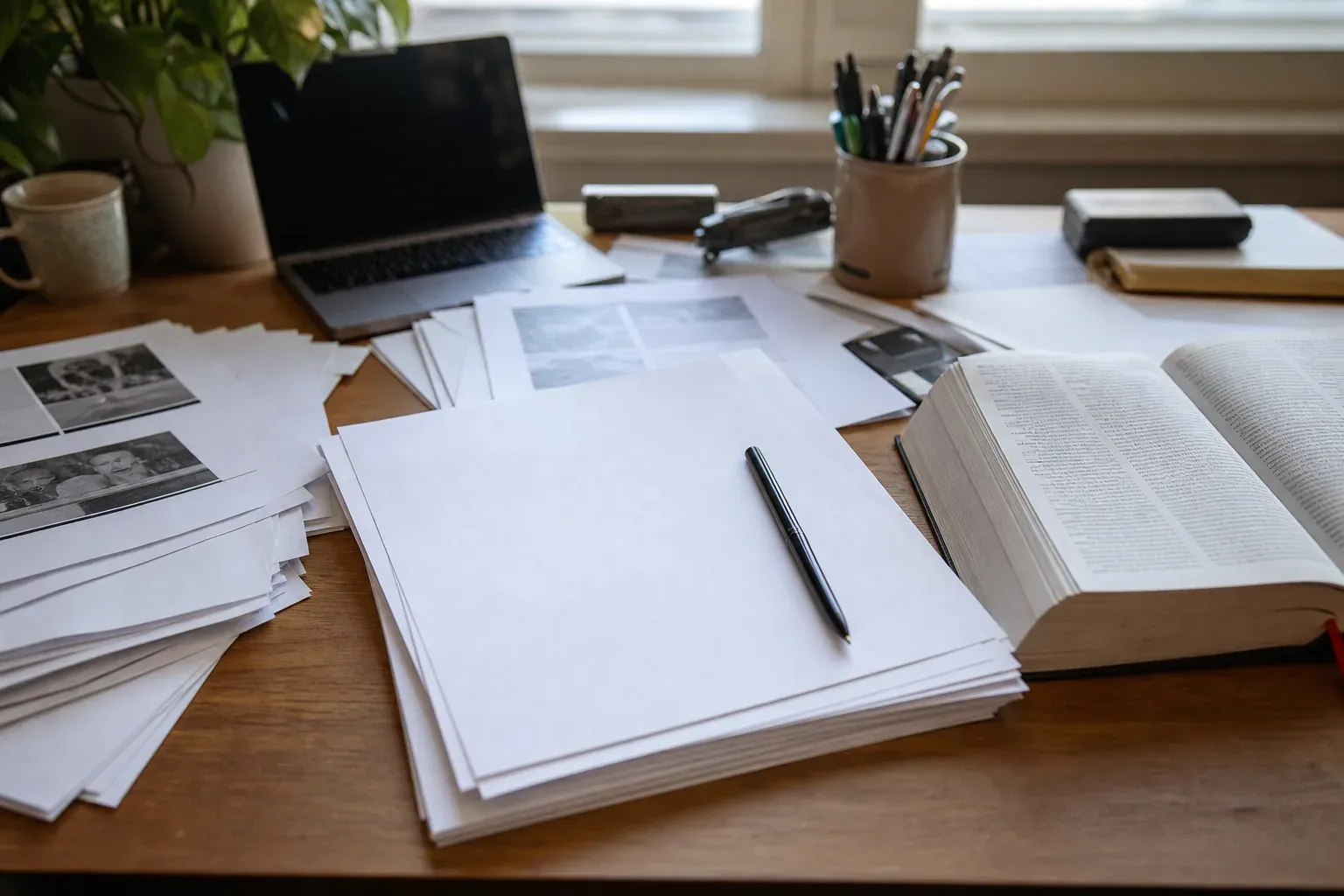 Bureau d’éditeur avec ordinateur, feuilles imprimées et stylo, illustrant la vérification de la ponctuation dans les titres.