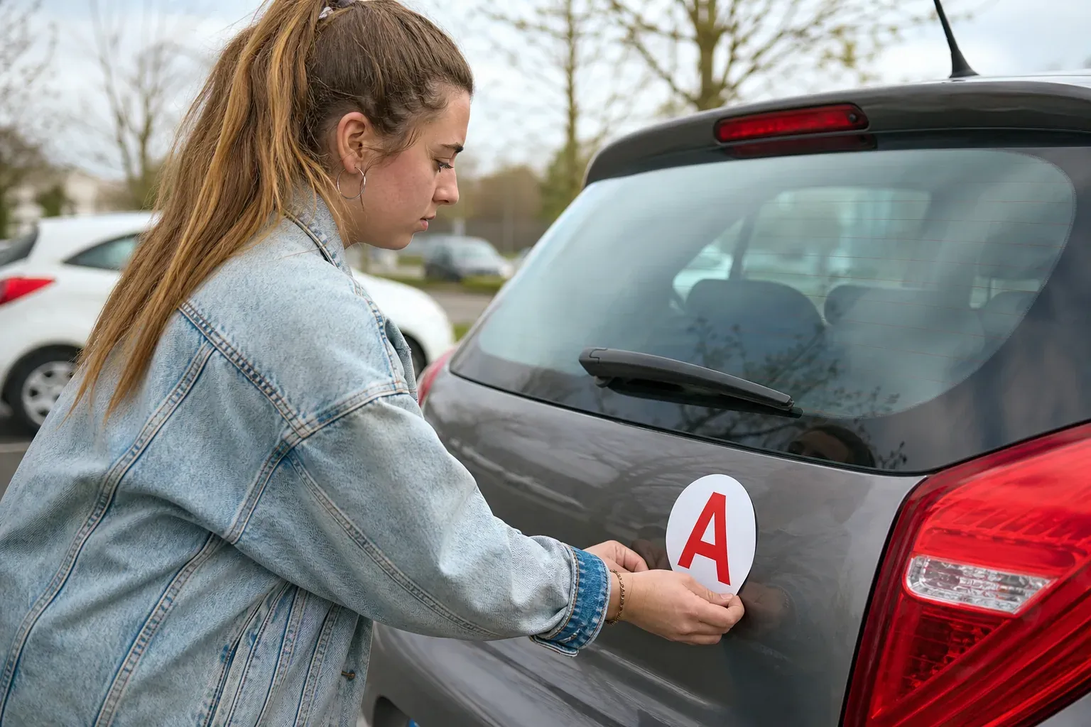 Jeune conducteur posant un disque A à l’arrière d’une voiture de location dans un parking en plein jour.
