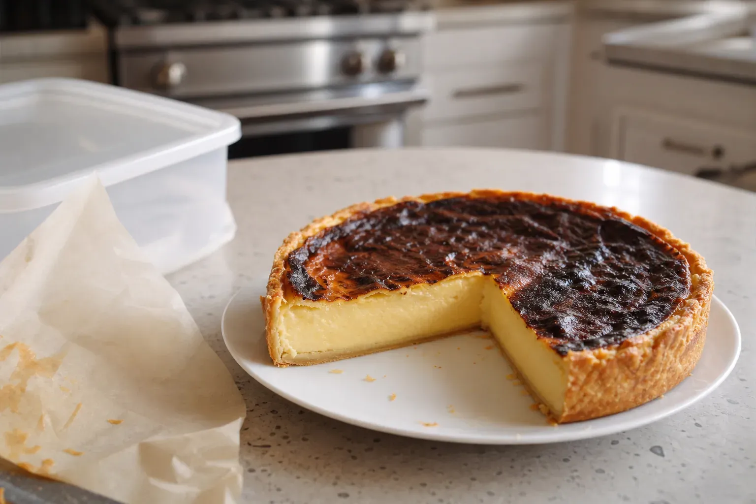 Flan pâtissier maison posé sur une assiette, avec une boîte de congélation à côté dans une cuisine lumineuse.