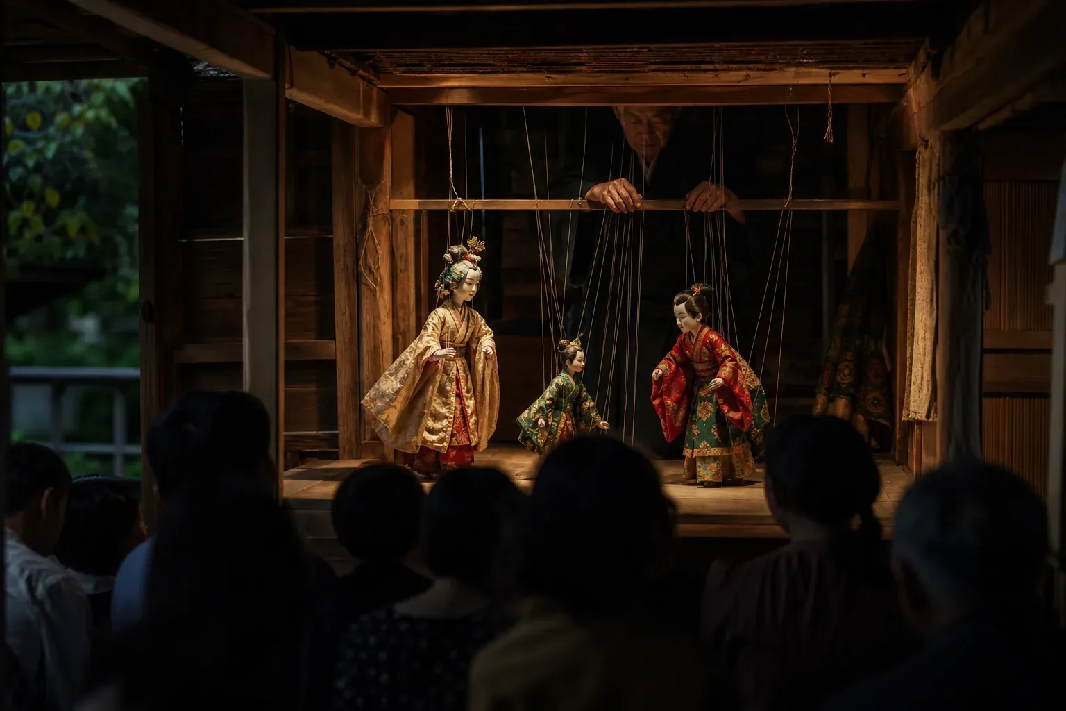 Un marionnettiste manipule des marionnettes à fils sur une scène traditionnelle, devant un public attentif.