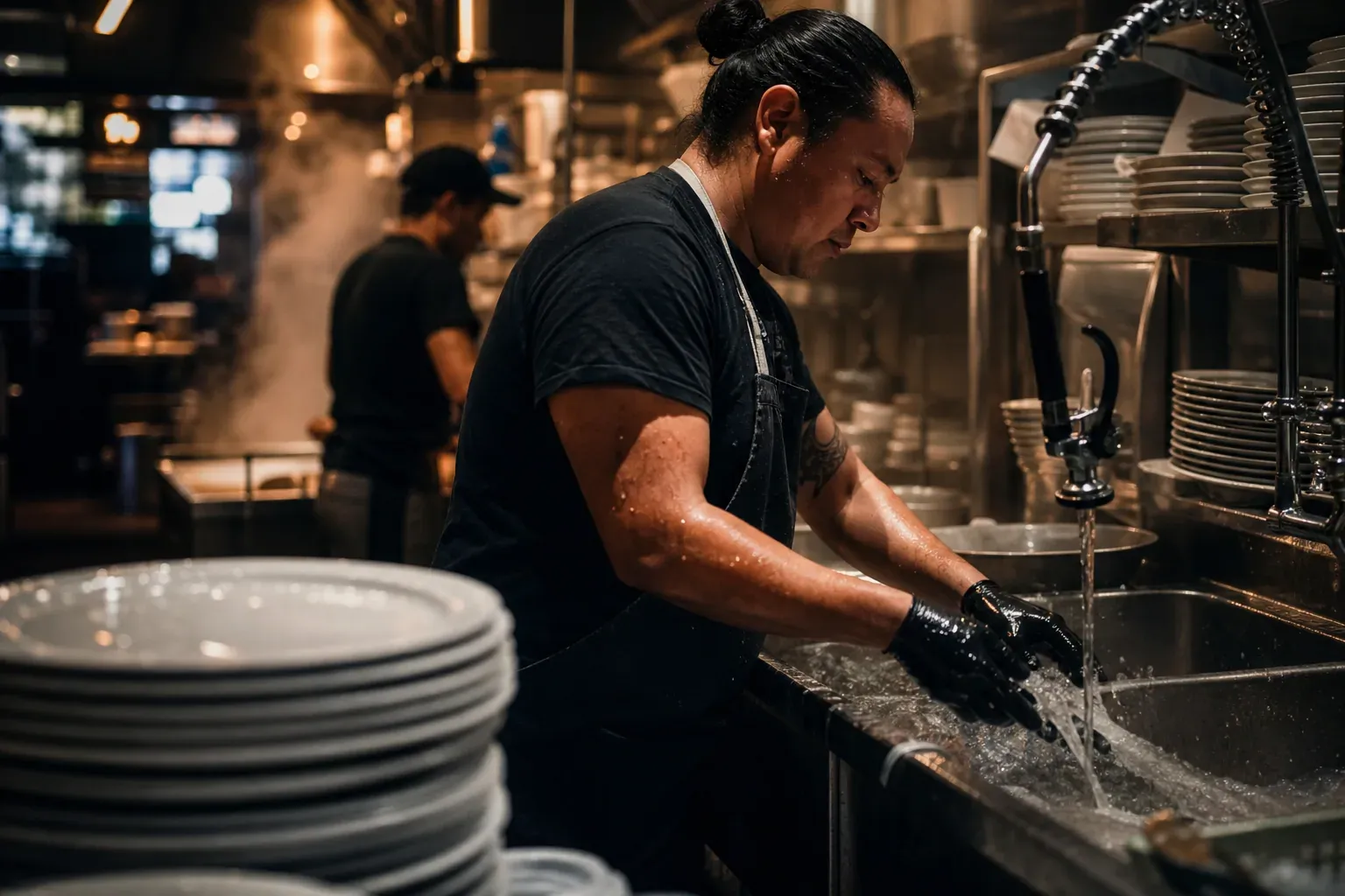 Un plongeur en pleine action dans une cuisine de restaurant animée, avec éviers en inox, piles d’assiettes et vapeur de cuisson.