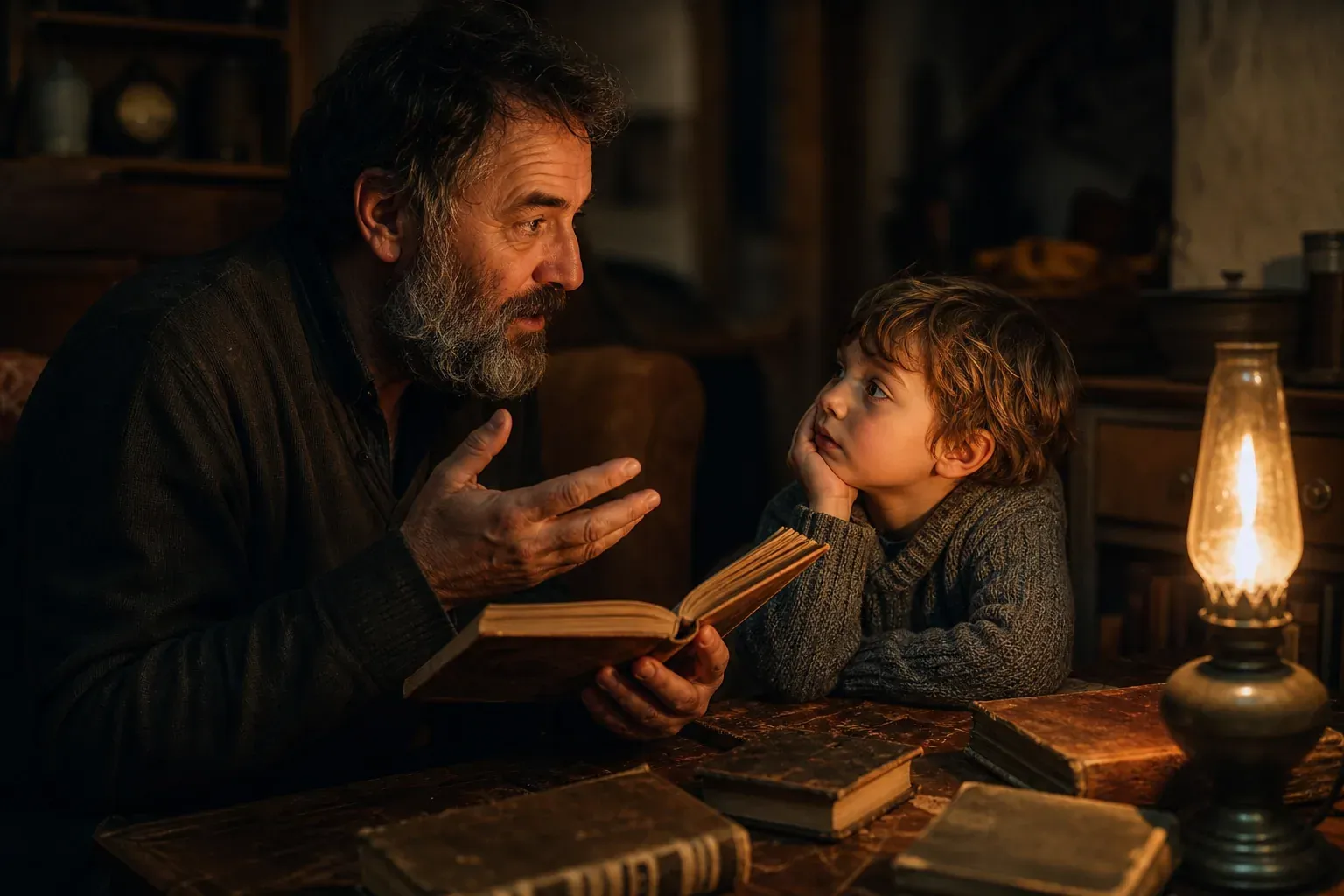 Une conteuse lit un conte populaire à un enfant dans une pièce chaleureuse, avec des livres anciens et une lumière douce.