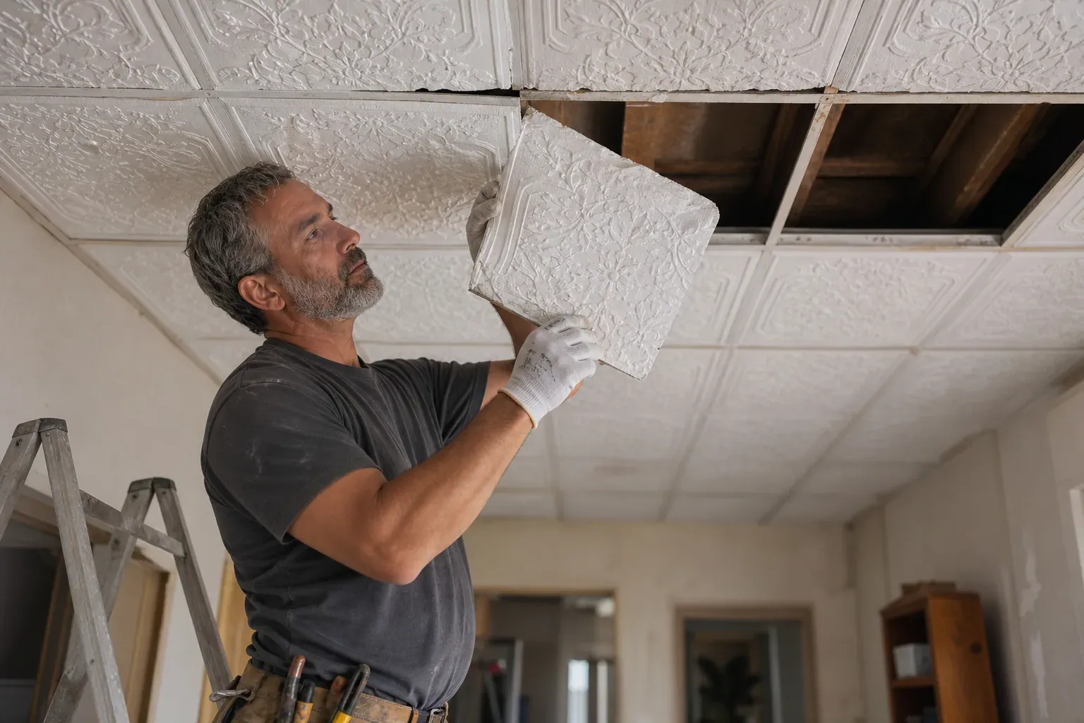 Un artisan inspecte un plafond intérieur ancien recouvert de dalles en polystyrène blanches, dans une pièce en rénovation avec une échelle.