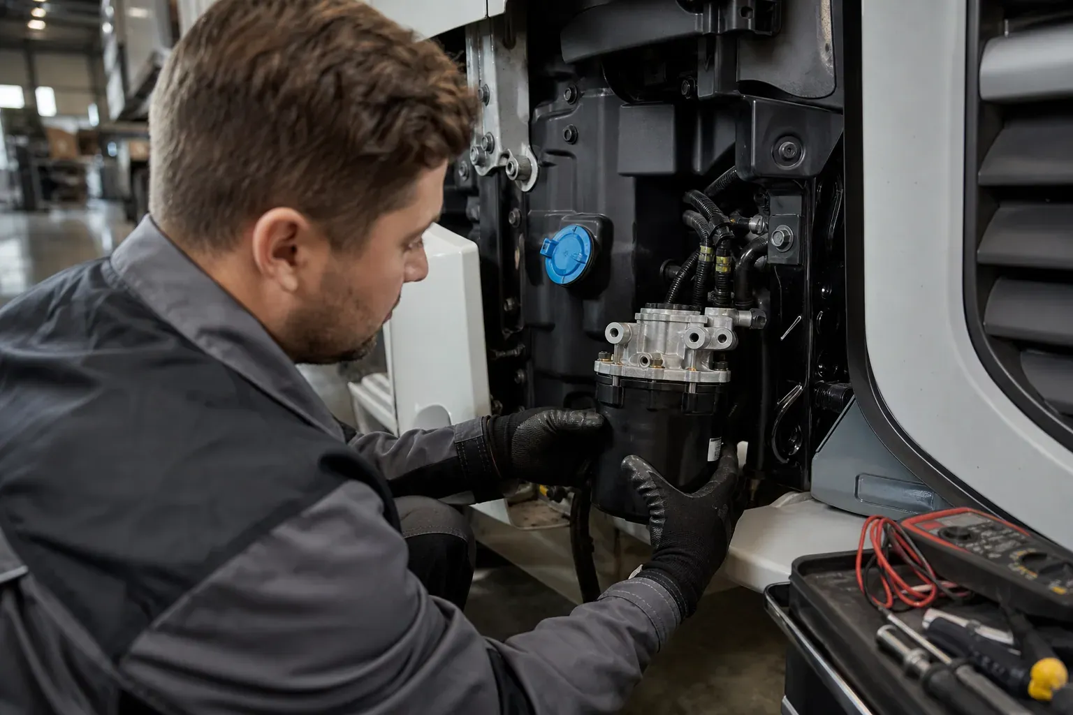 Un mécanicien contrôle une pompe rotative AdBlue sur un camion Scania dans un atelier de maintenance.