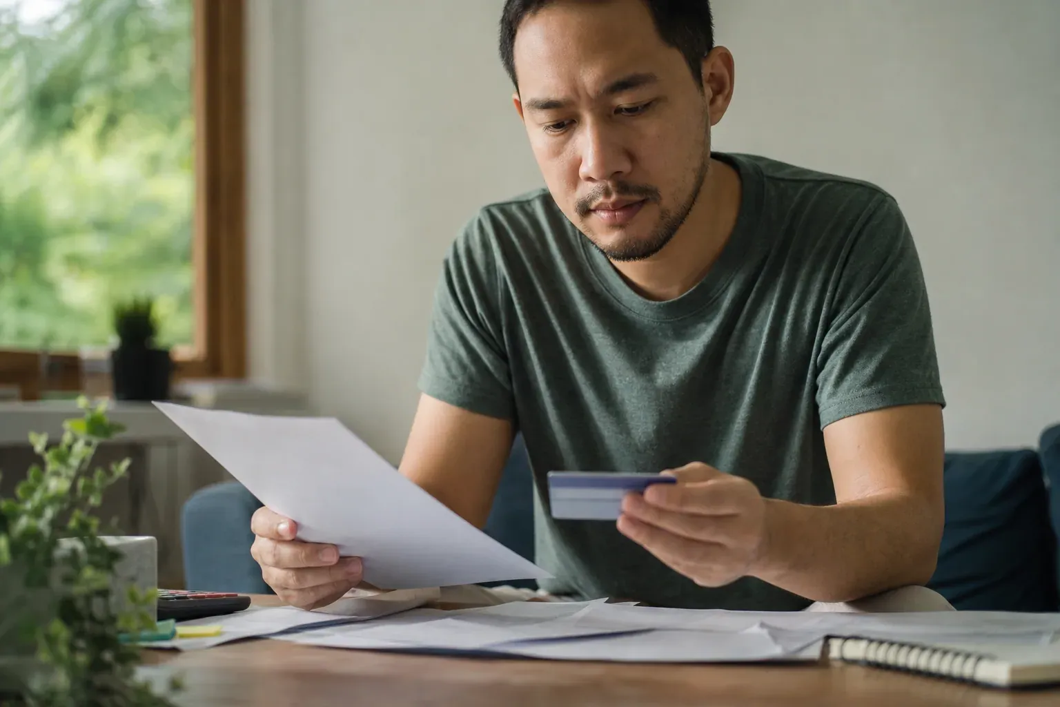 Personne consultant sa carte de mutuelle et des documents administratifs à une table, ambiance calme, lumière naturelle.