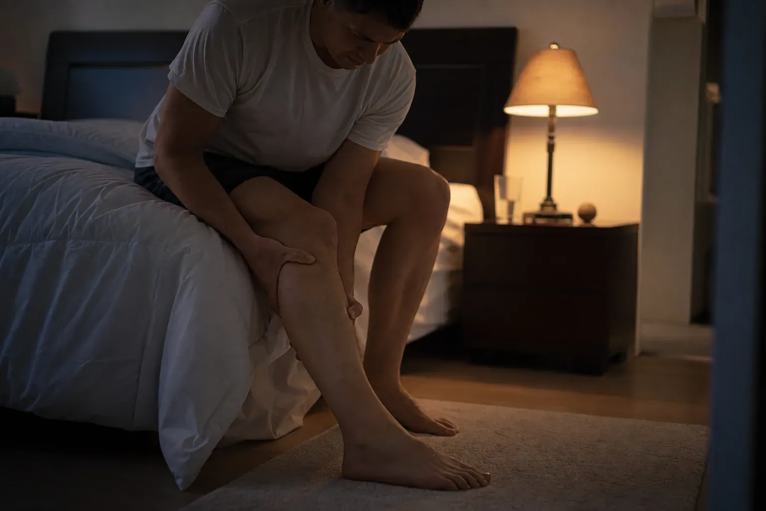 Une personne assise au bord de son lit dans l'obscurité, la main sur le mollet, en train de s'étirer pour soulager une crampe nocturne.