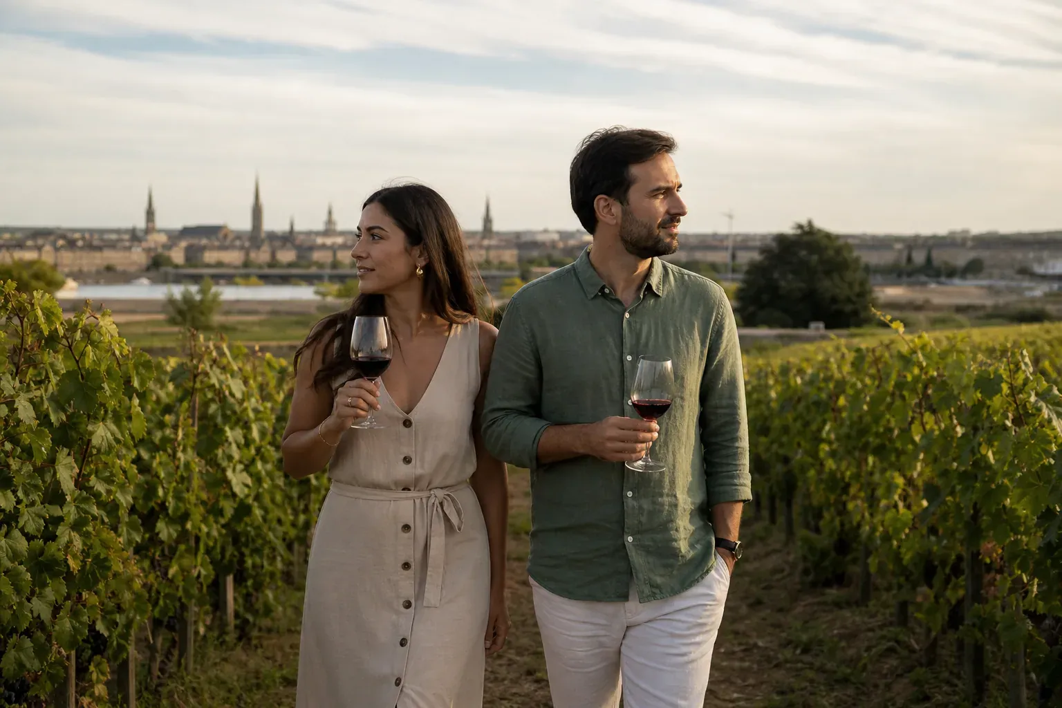 Un couple visite un domaine viticole près de Bordeaux, avec les rangs de vigne au premier plan et la ville en arrière-plan.