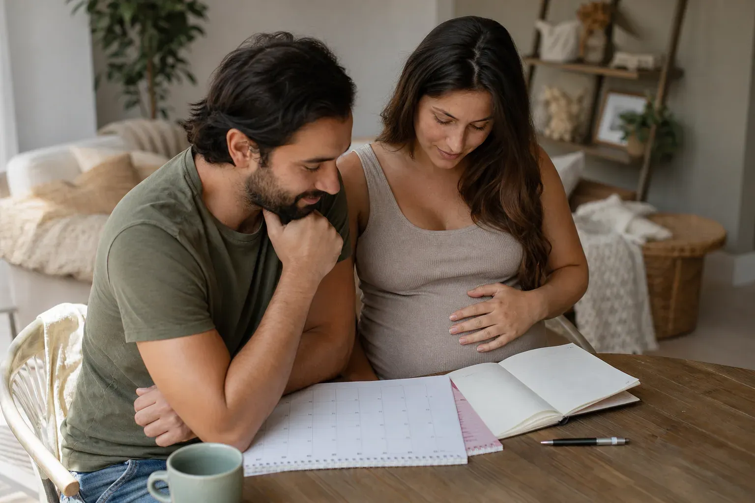 Un couple de futurs parents consulte un calendrier papier et un carnet de prénoms autour d’une table, dans une lumière douce et naturelle.