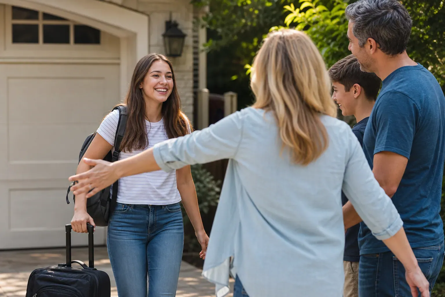 Un adolescent avec une valise devant une maison américaine, accueilli par une famille d’accueil, dans une ambiance estivale réaliste.
