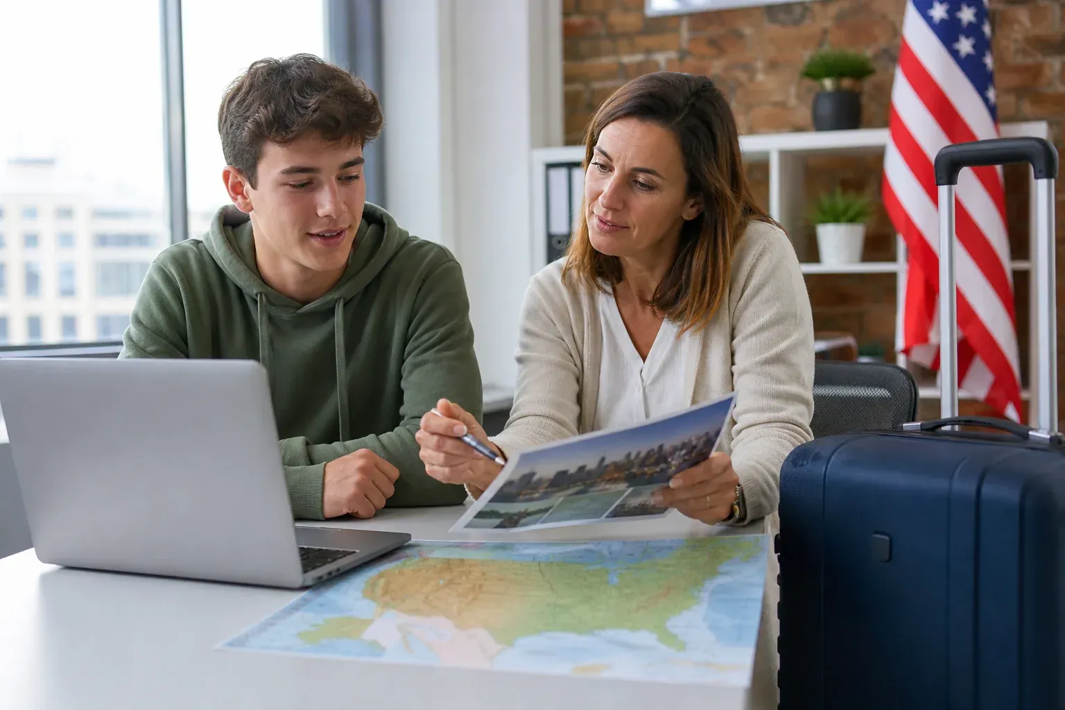 Jeune étudiant et conseillère d’association examinant un dossier de séjour linguistique aux États-Unis dans un bureau lumineux, avec carte, ordinateur et valise.