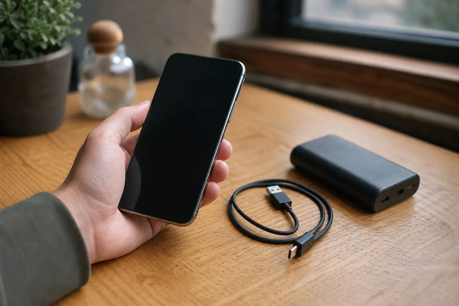 Main tenant un smartphone à l'écran éteint à côté d'un câble de charge et d'une batterie externe sur un bureau en bois.