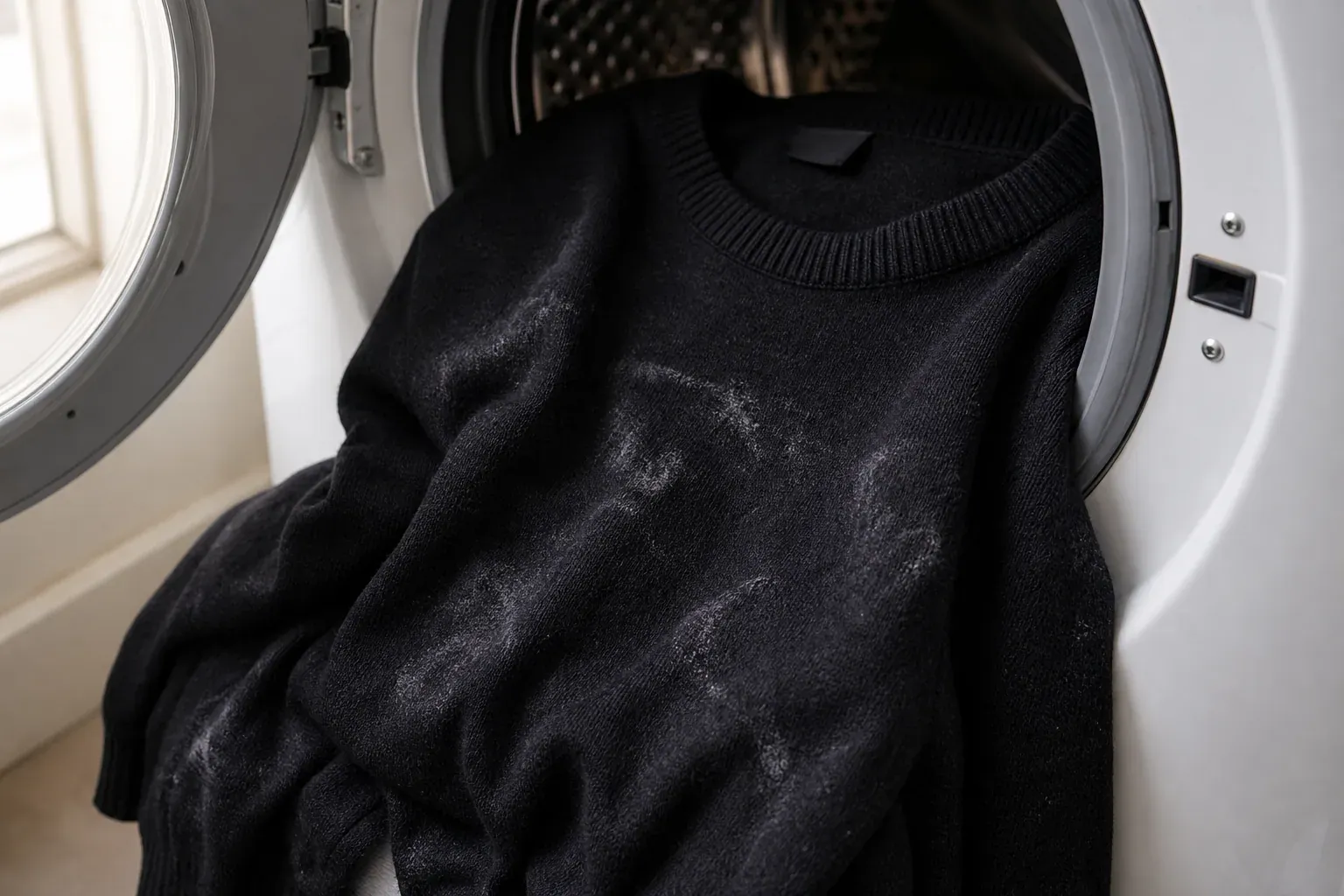 Un pull noir posé sur un lave-linge ouvert, avec des résidus blanchâtres de lessive visibles sur le tissu.