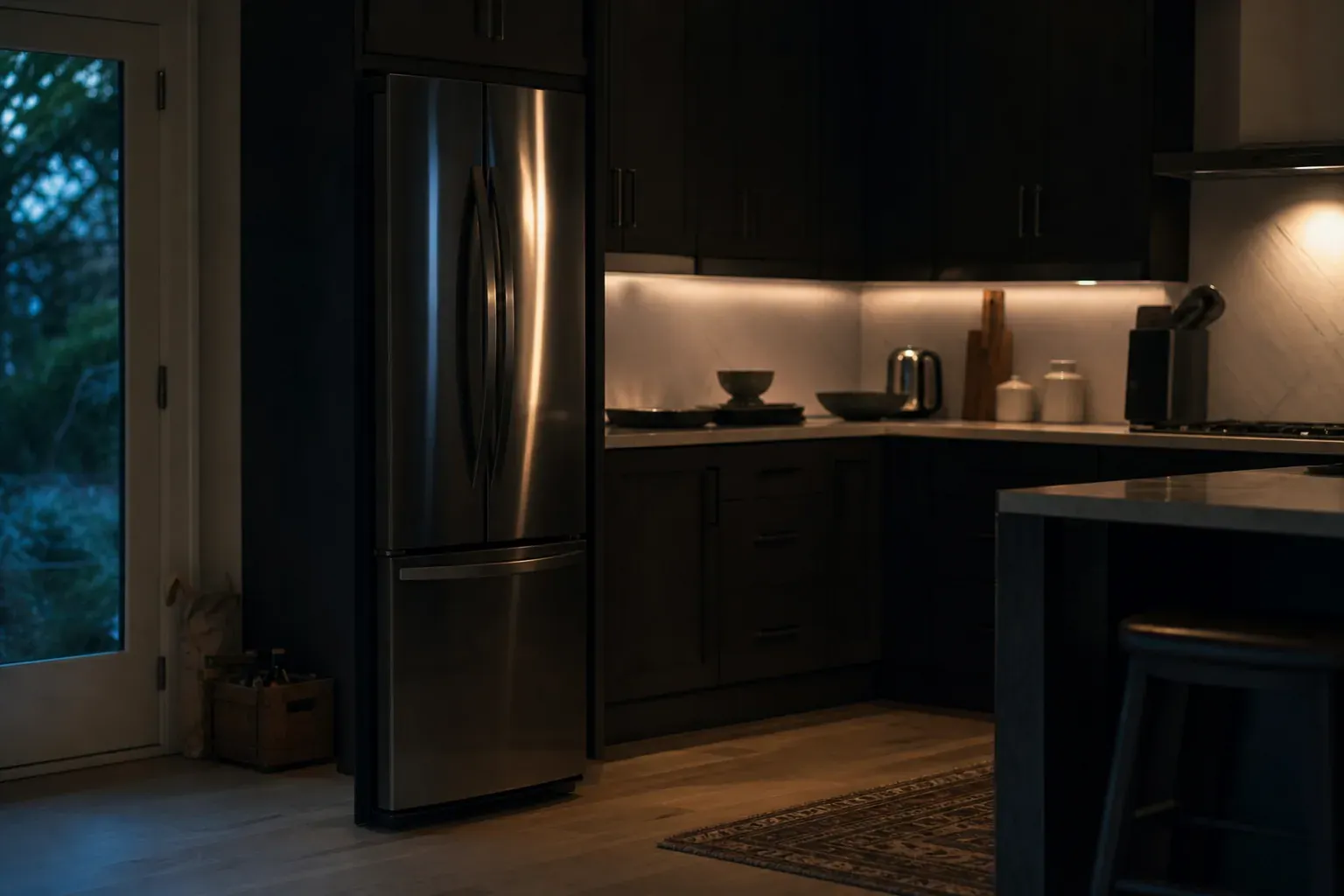 Réfrigérateur dans une cuisine sombre, éclairé par une faible lumière nocturne, ambiance calme et silencieuse.