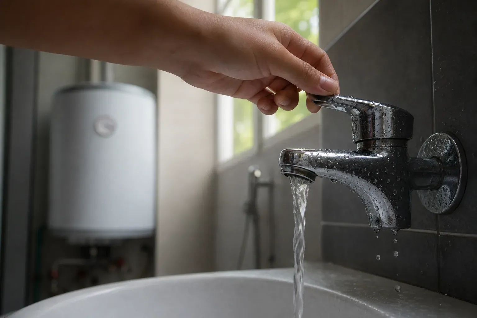 Main ouvrant un robinet d'eau chaude au-dessus d'un évier de salle de bain, gouttes d'eau visibles, chauffe-eau flouté en arrière-plan.