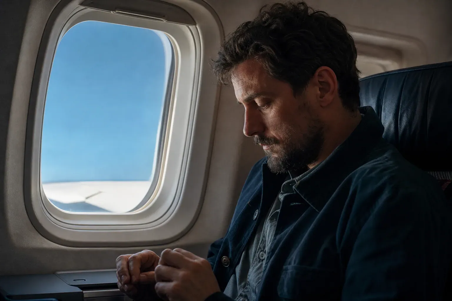 Passager assis en avion regardant ses mains légèrement gonflées, hublot avec ciel bleu en arrière-plan.